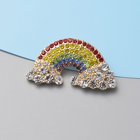 Multi Colour Austrian Crystal Rainbow Brooch in Yellow Gold Tone