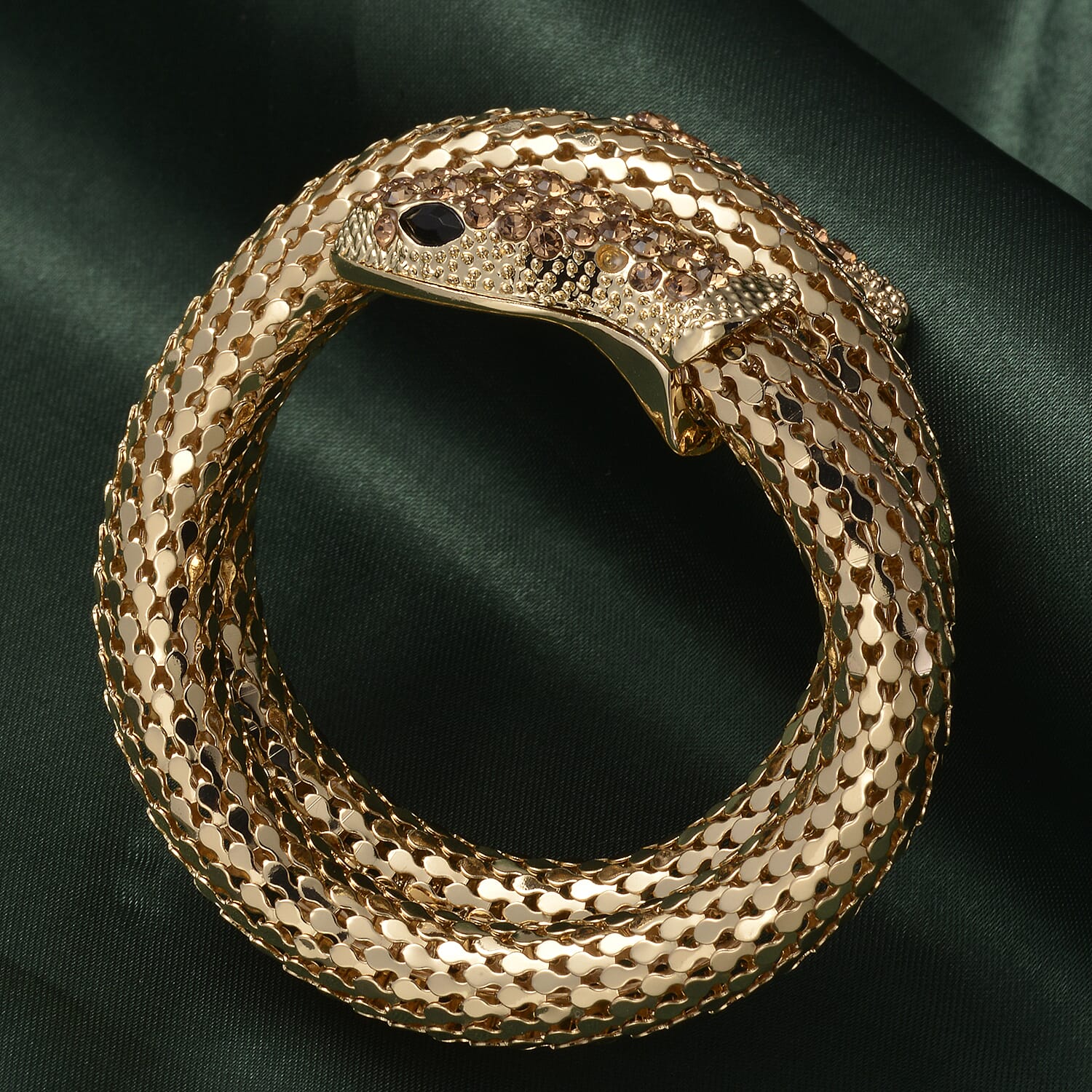 Champagne Austrian Crystal and Simulated Black Spinel Snake Bracelet (Size 7.5) in Yellow Gold Tone