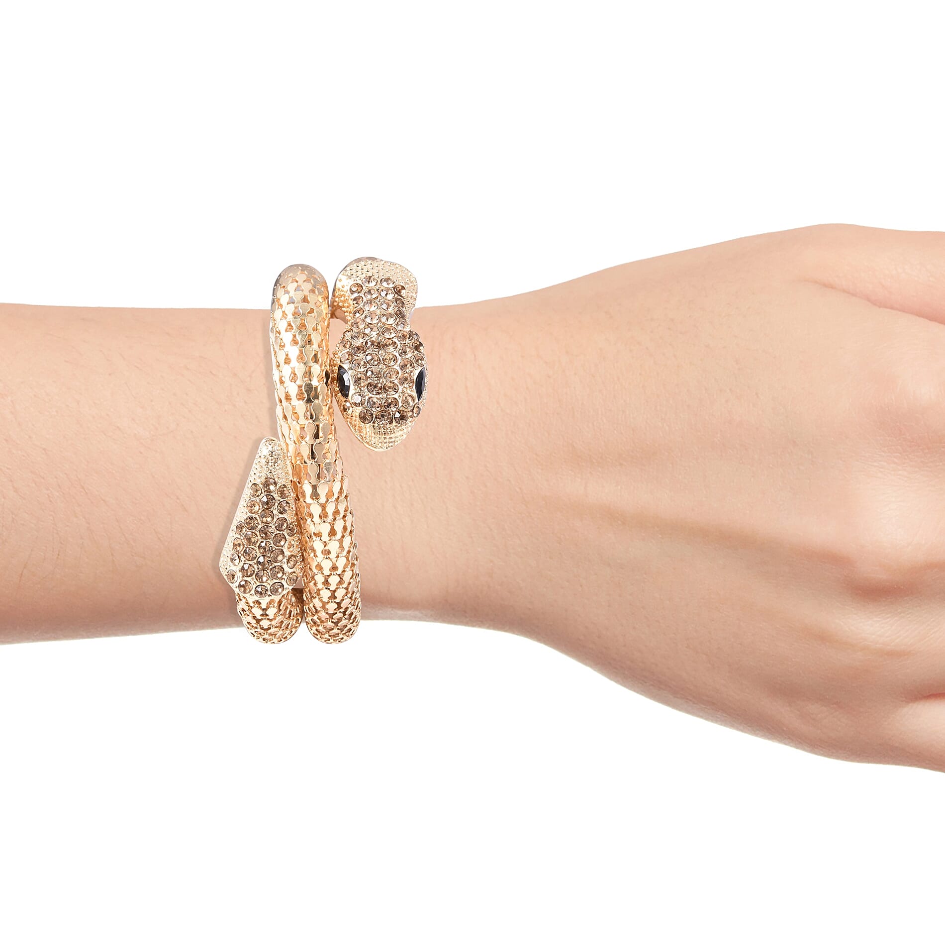 Champagne Austrian Crystal and Simulated Black Spinel Snake Bracelet (Size 7.5) in Yellow Gold Tone