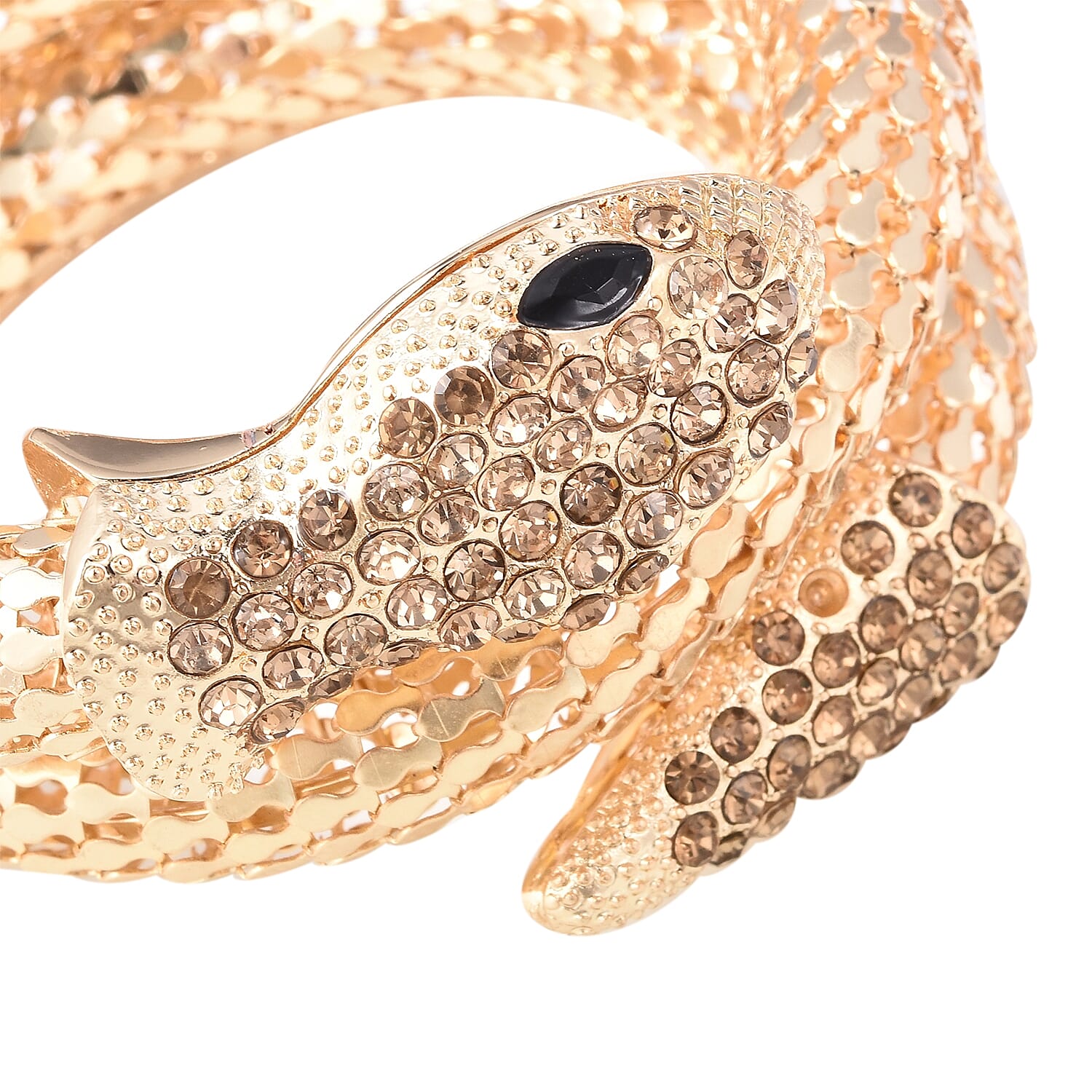 Champagne Austrian Crystal and Simulated Black Spinel Snake Bracelet (Size 7.5) in Yellow Gold Tone