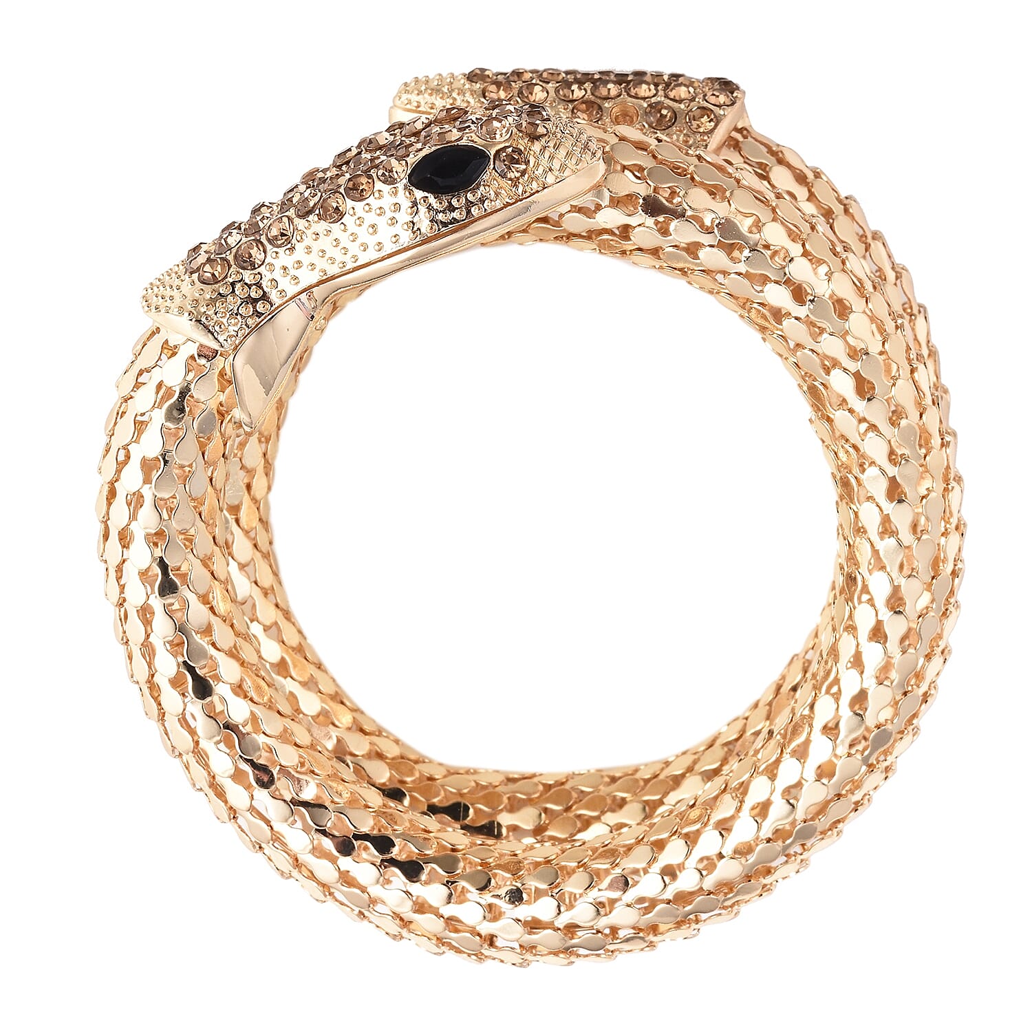 Champagne Austrian Crystal and Simulated Black Spinel Snake Bracelet (Size 7.5) in Yellow Gold Tone