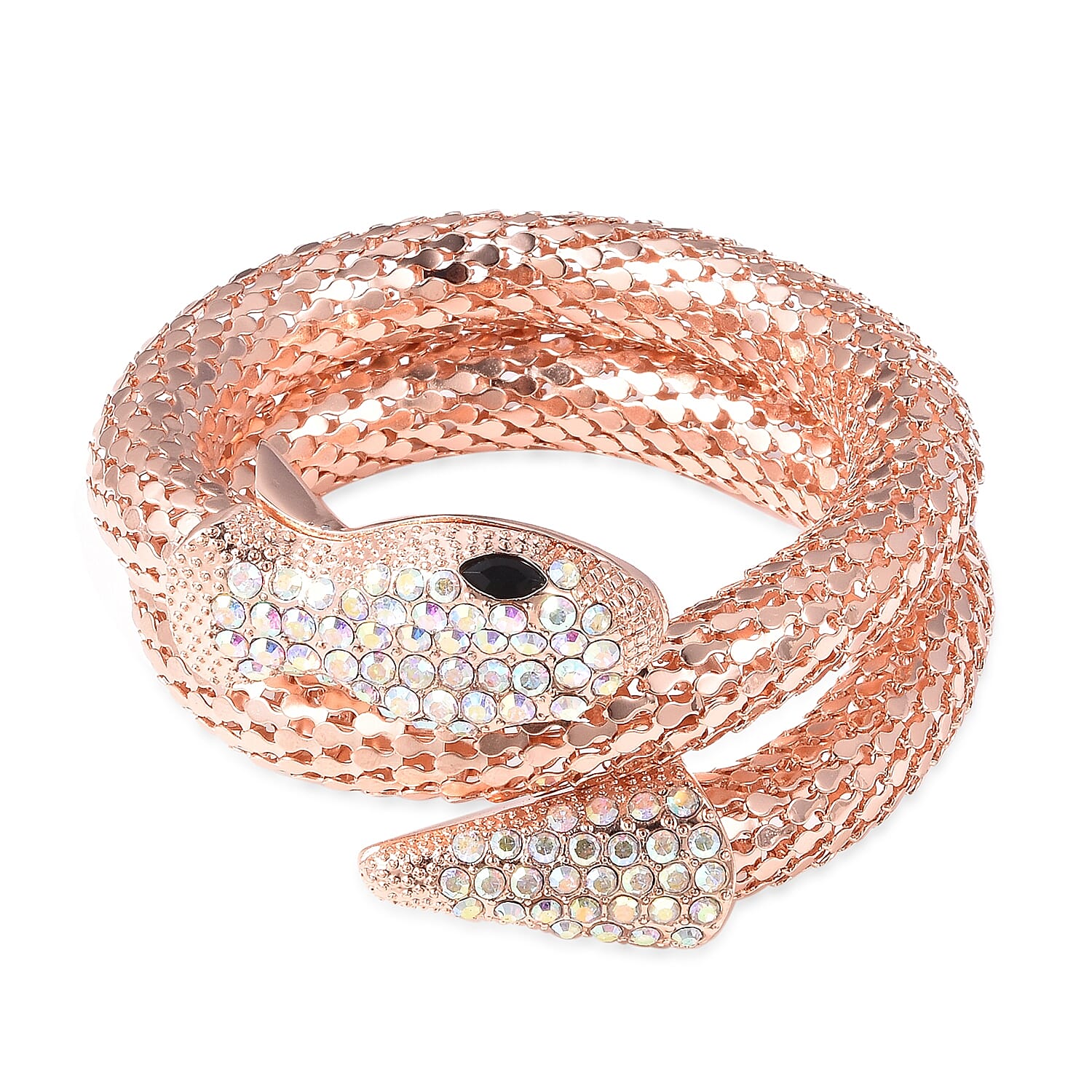 Simulated Mystic White Crystal and Simulated Black Spinel Snake Bracelet (Size 7.5) in Rose Gold Tone