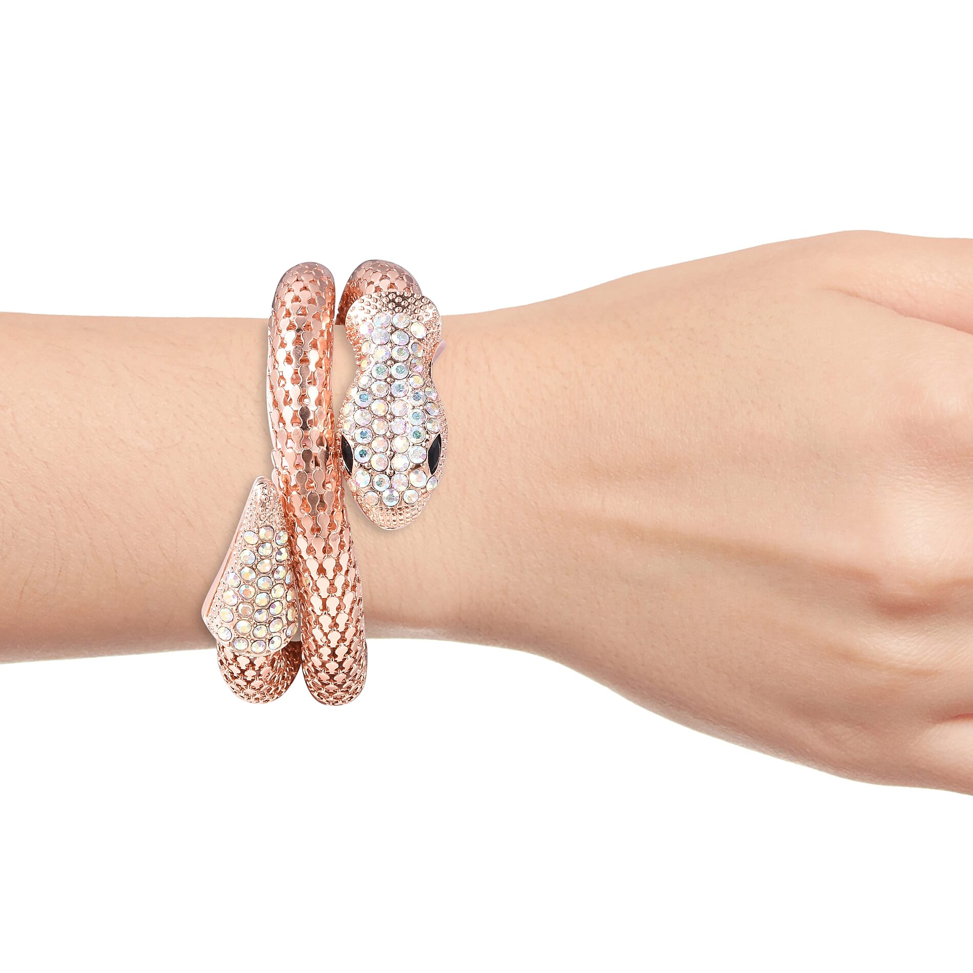 Simulated Mystic White Crystal and Simulated Black Spinel Snake Bracelet (Size 7.5) in Rose Gold Tone