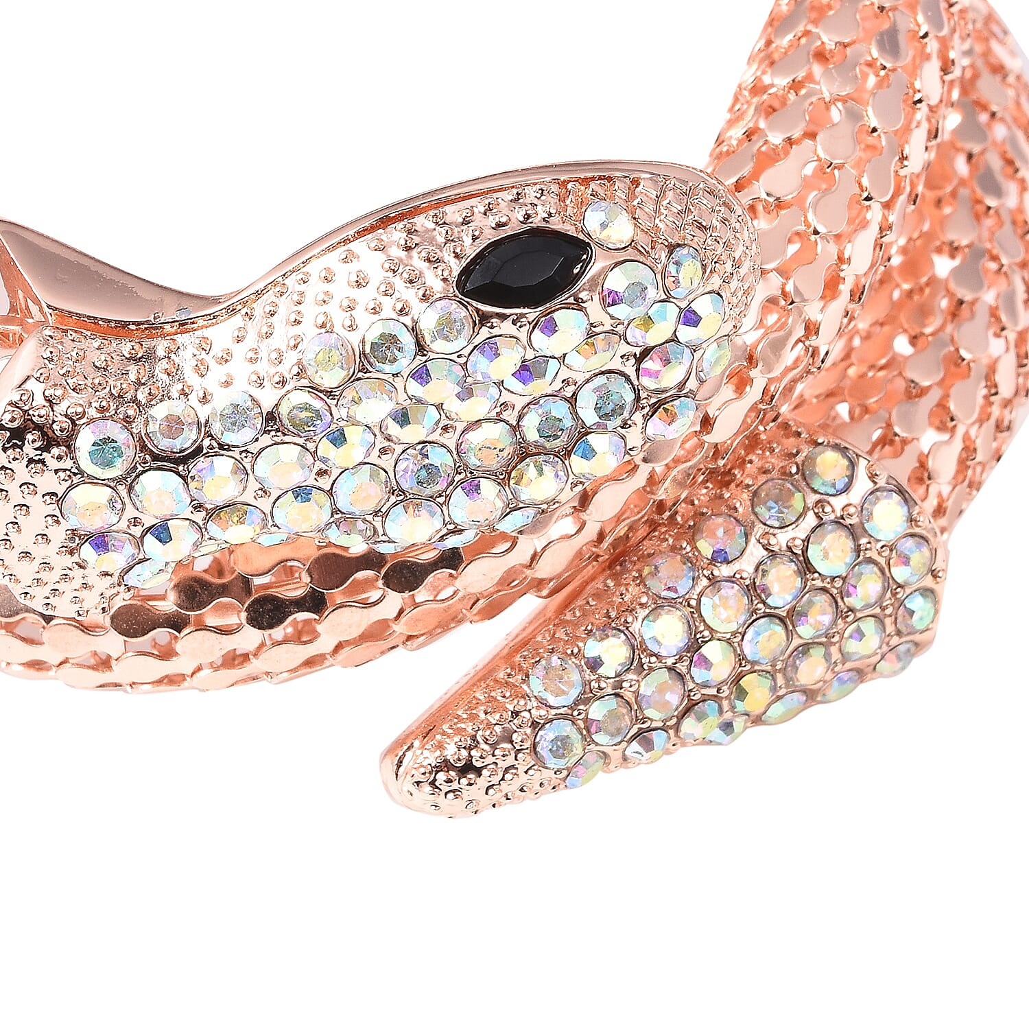 Simulated Mystic White Crystal and Simulated Black Spinel Snake Bracelet (Size 7.5) in Rose Gold Tone