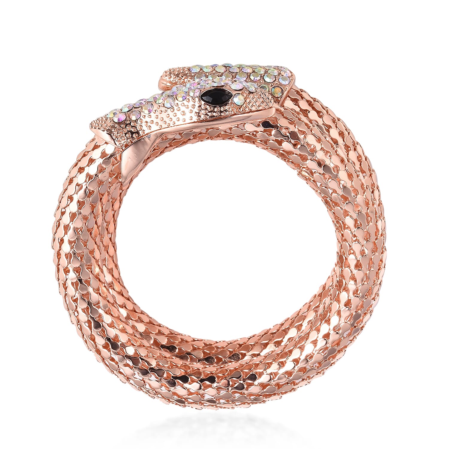 Simulated Mystic White Crystal and Simulated Black Spinel Snake Bracelet (Size 7.5) in Rose Gold Tone