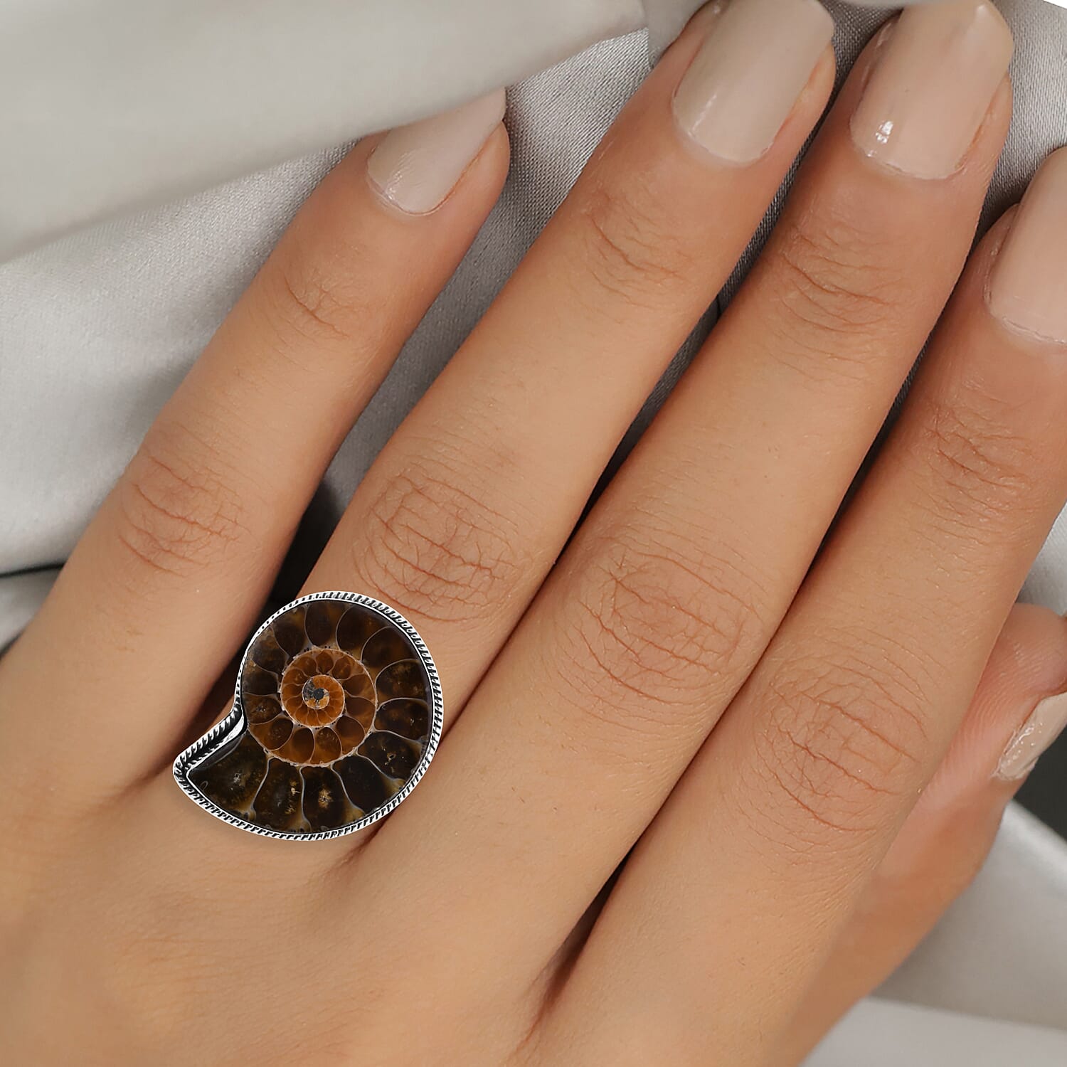 Royal Bali Collection - Ammonite Ring in Sterling Silver, Silver wt 4.90 Gms