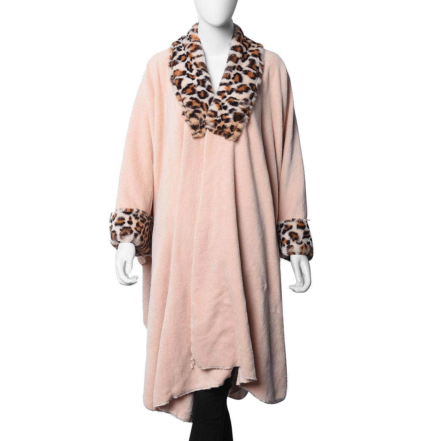 Faux Fur Coat with Off White Leopard Print Collar and Cuffs (Size 140x100 Cm) - Peach