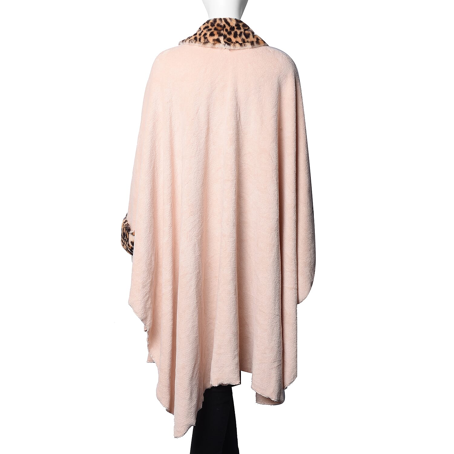 Faux Fur Coat with Off White Leopard Print Collar and Cuffs (Size 140x100 Cm) - Peach