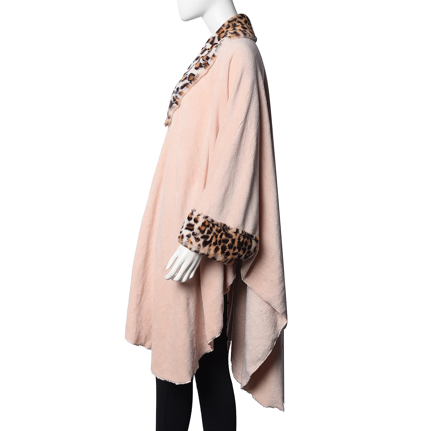 Faux Fur Coat with Off White Leopard Print Collar and Cuffs (Size 140x100 Cm) - Peach