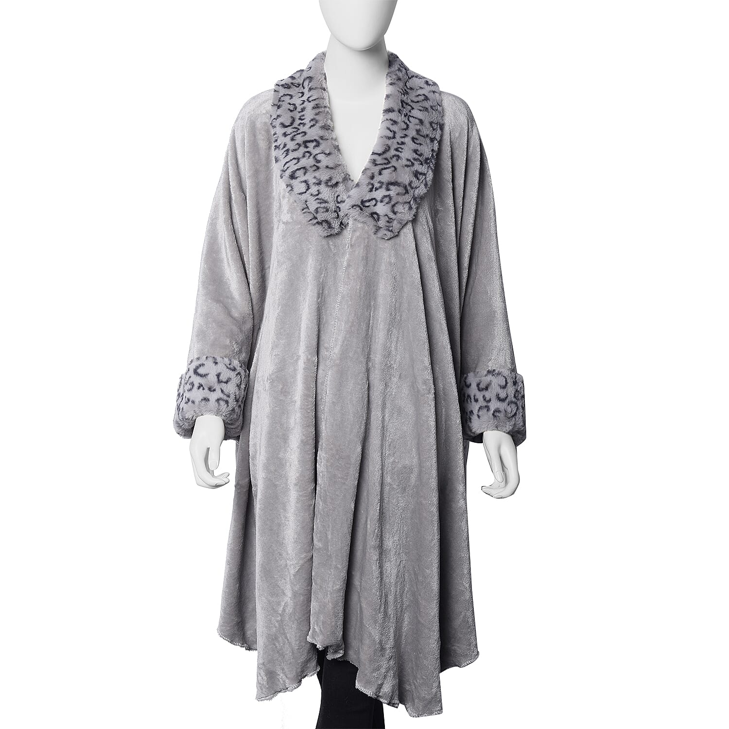 Faux Fur Coat with Leopard Print Collar and Cuffs (Size 140x100 Cm) - Grey