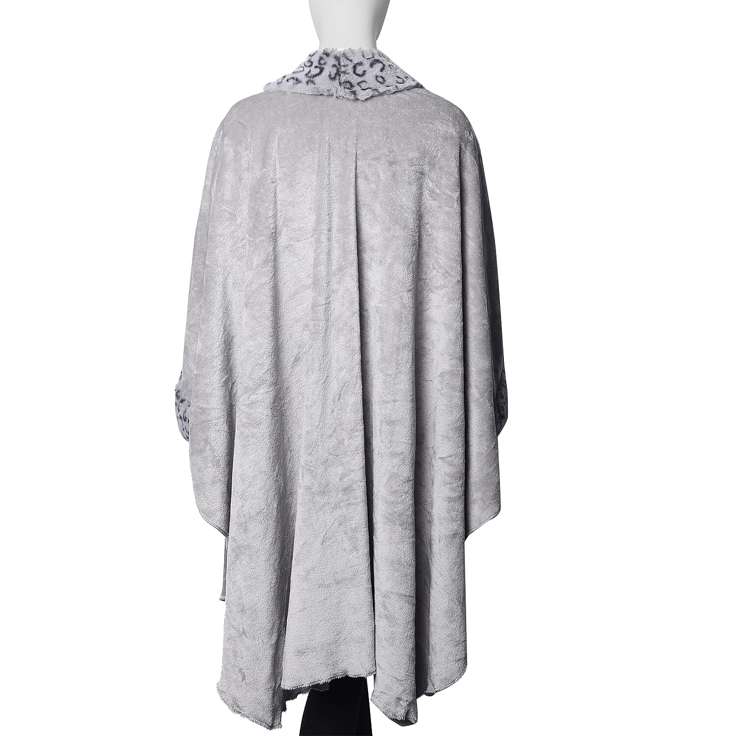 Faux Fur Coat with Leopard Print Collar and Cuffs (Size 140x100 Cm) - Grey