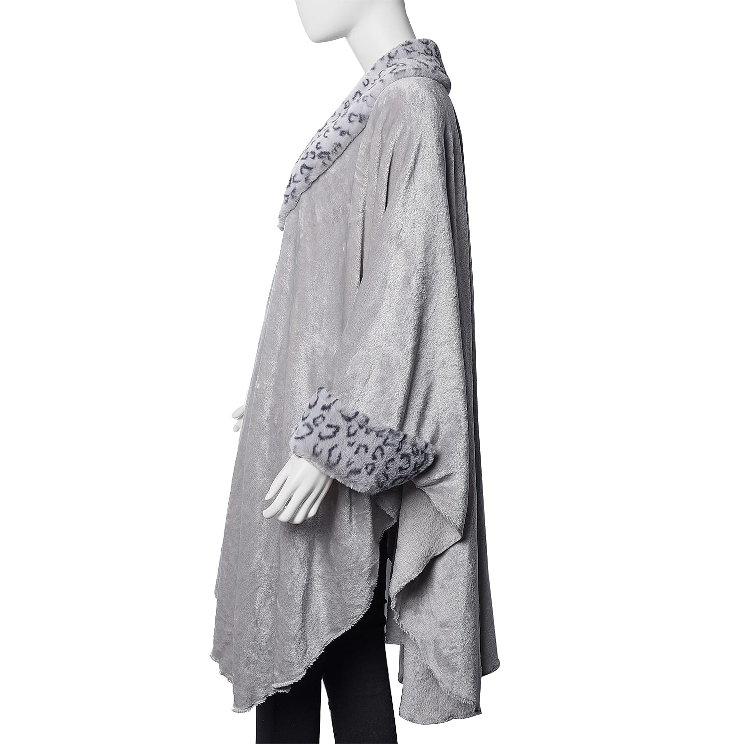 Faux Fur Coat with Leopard Print Collar and Cuffs (Size 140x100 Cm) - Grey