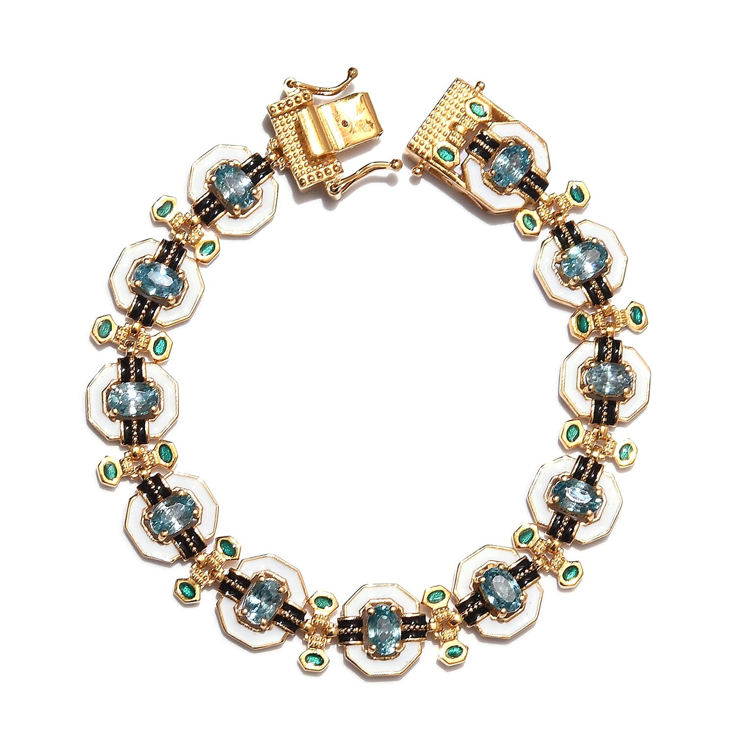 Ratanakiri Blue Zircon Enamelled Bracelet (Size 7) in 14K Gold Overlay Sterling Silver 6.00 Ct, Silver wt 14.45 Gms