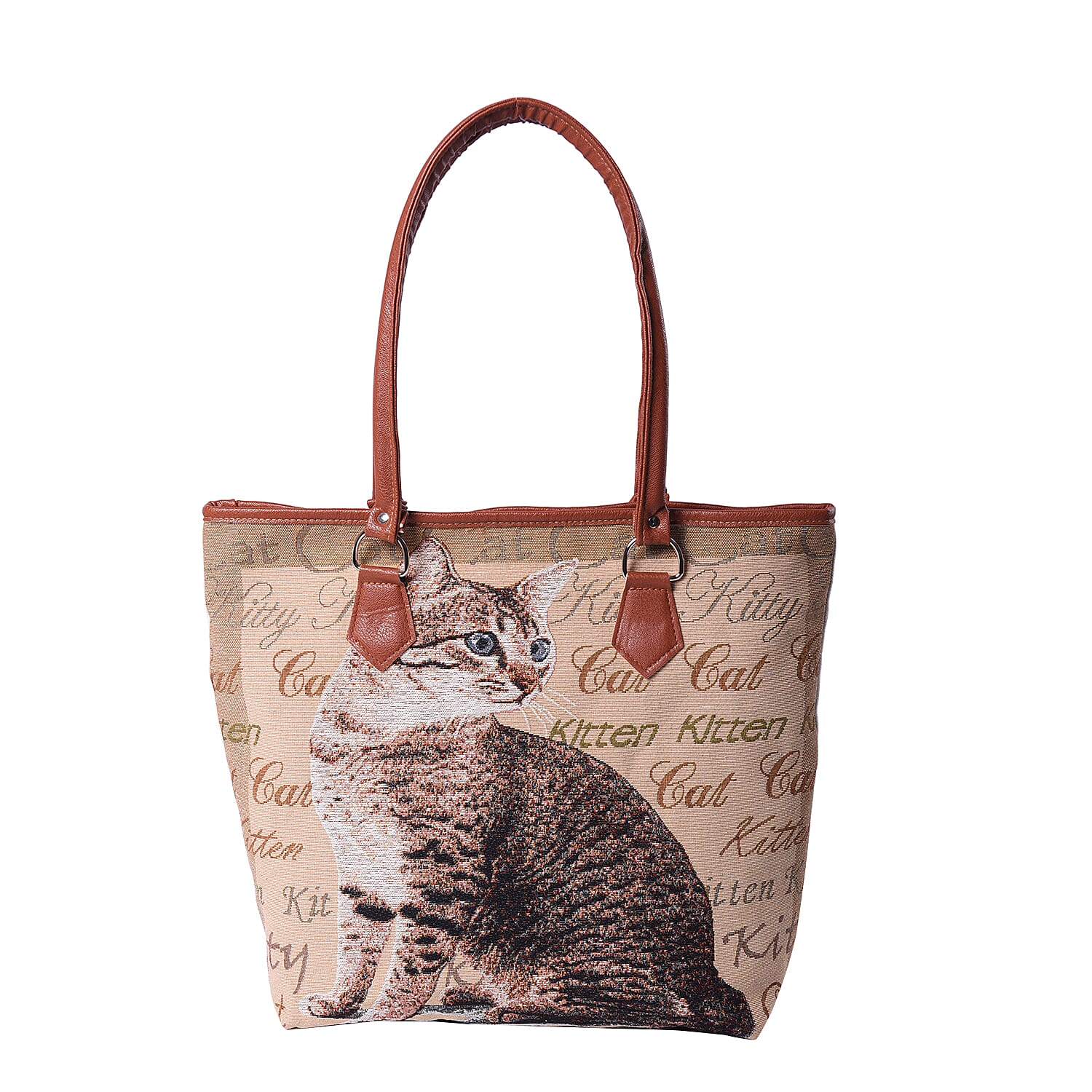 Cat Pattern Jute Tote Bag (Size 42/32x10.5x35cm) - Khaki