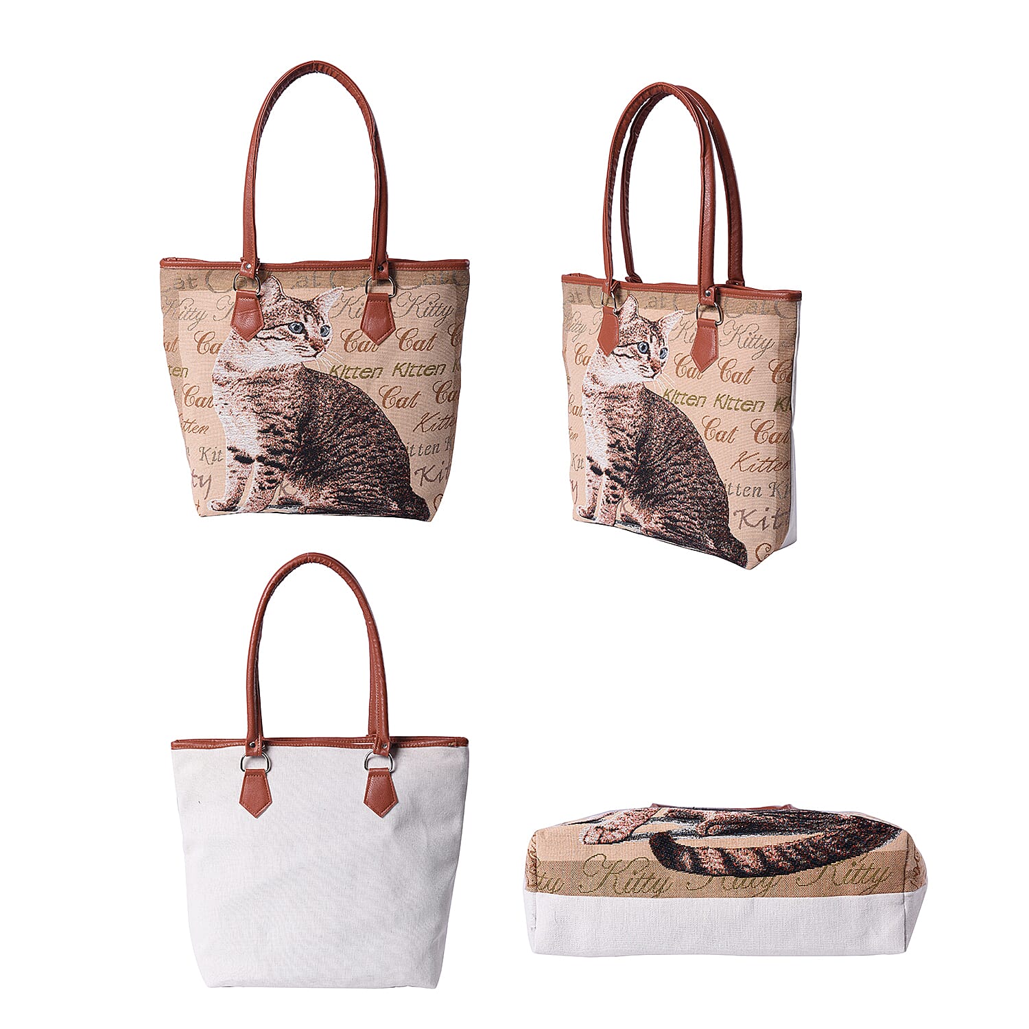 Cat Pattern Jute Tote Bag (Size 42/32x10.5x35cm) - Khaki