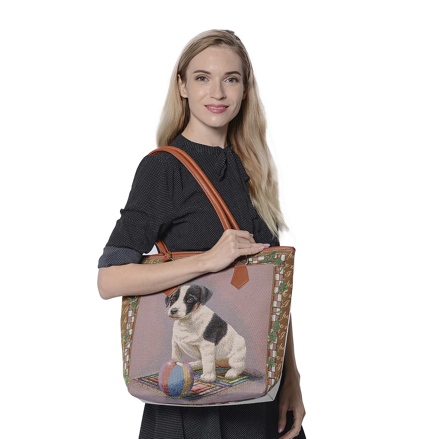 Adorable Dog with Ball Pattern Jute Tote Bag (Size 42/32x10.5x35cm) - Multi Colour