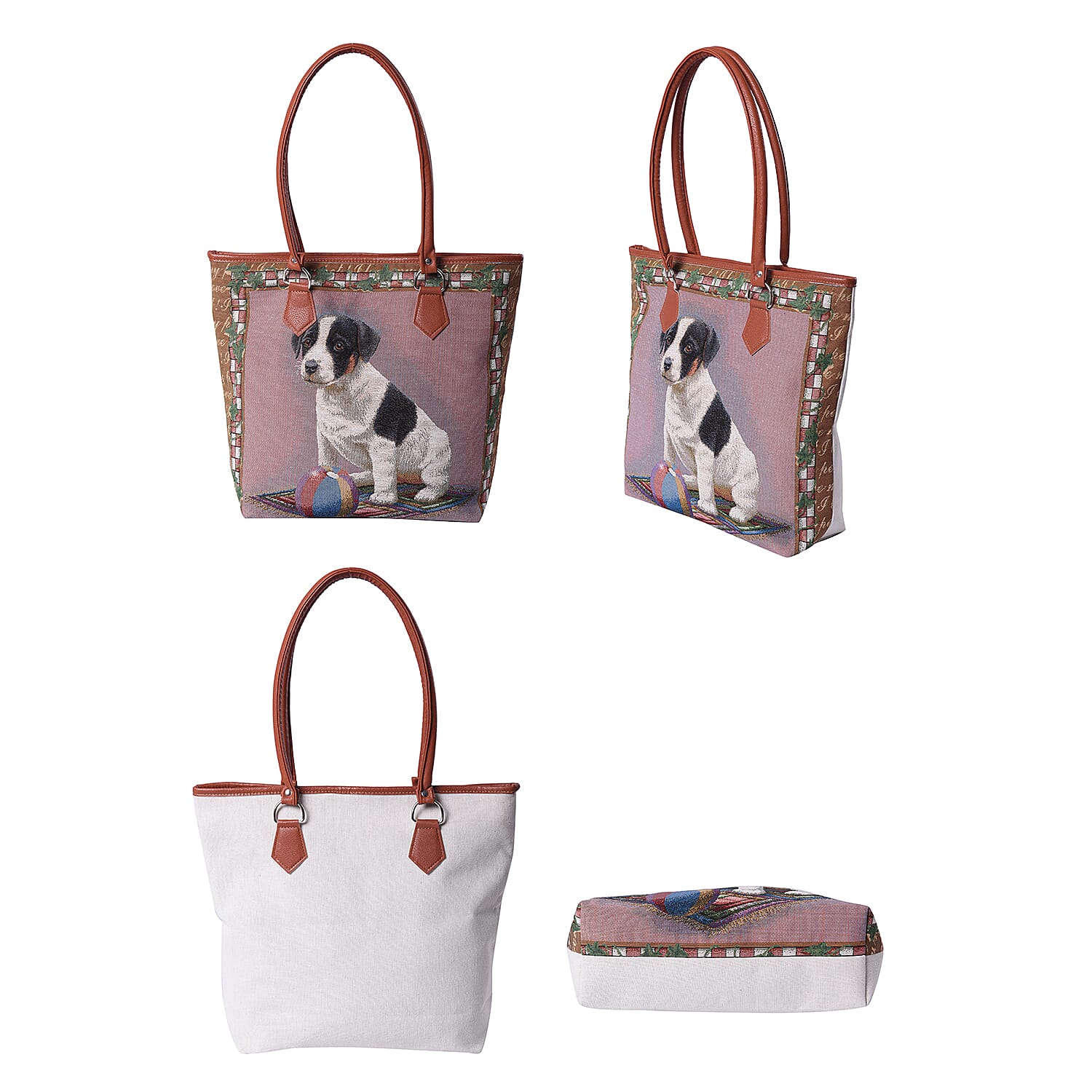 Adorable Dog with Ball Pattern Jute Tote Bag (Size 42/32x10.5x35cm) - Multi Colour