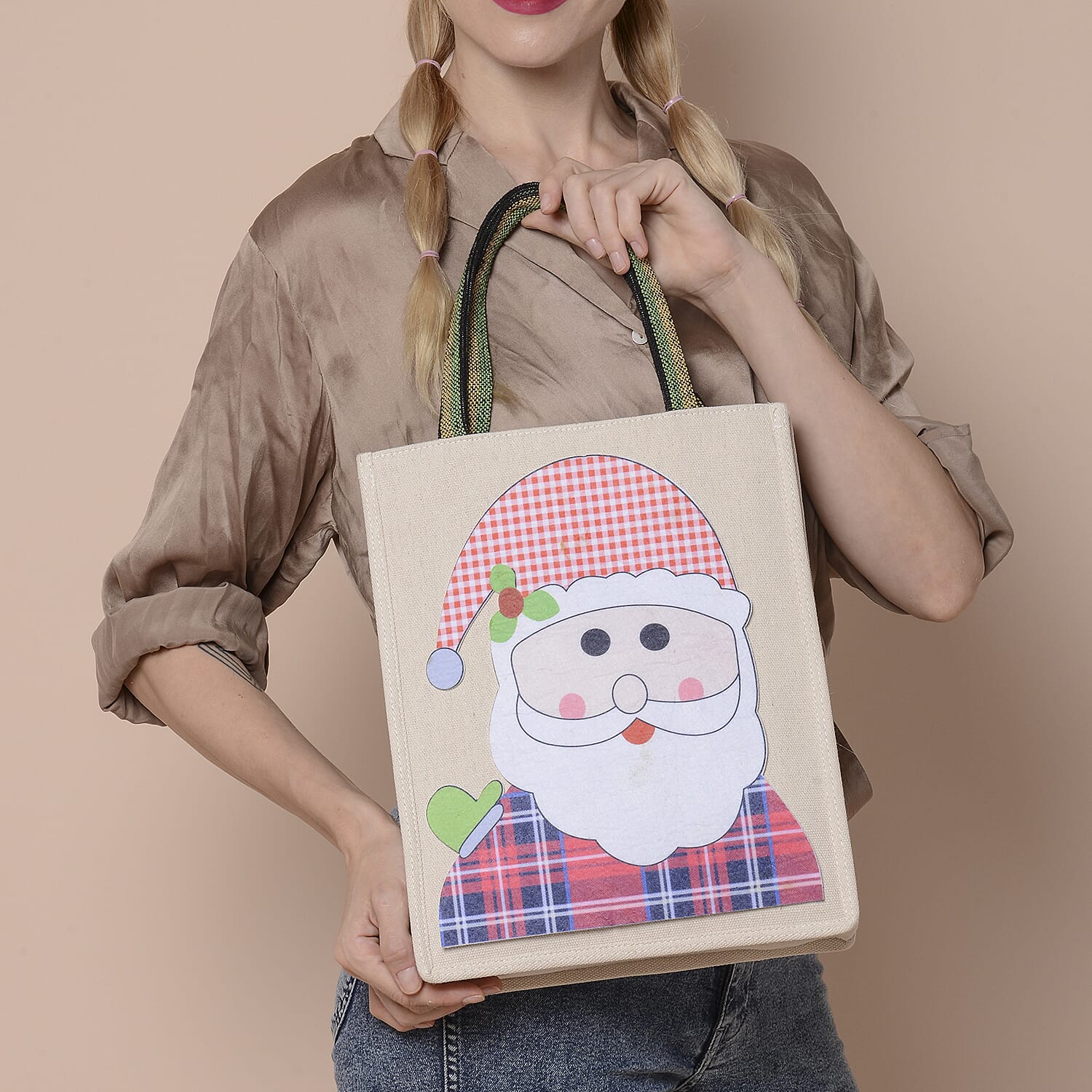 Tote Bag with Santa Claus Pattern (Size 26x8x32 Cm) - Beige