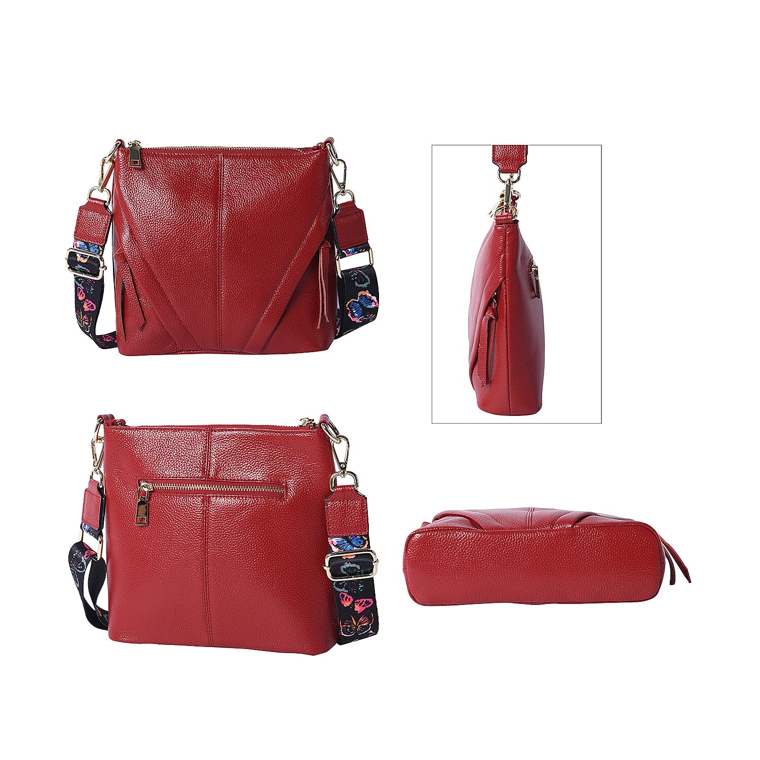 Super Soft  Genuine Leather Crossbody Bag with Patterned Shoulder Strap (23x7x22cm) - Red