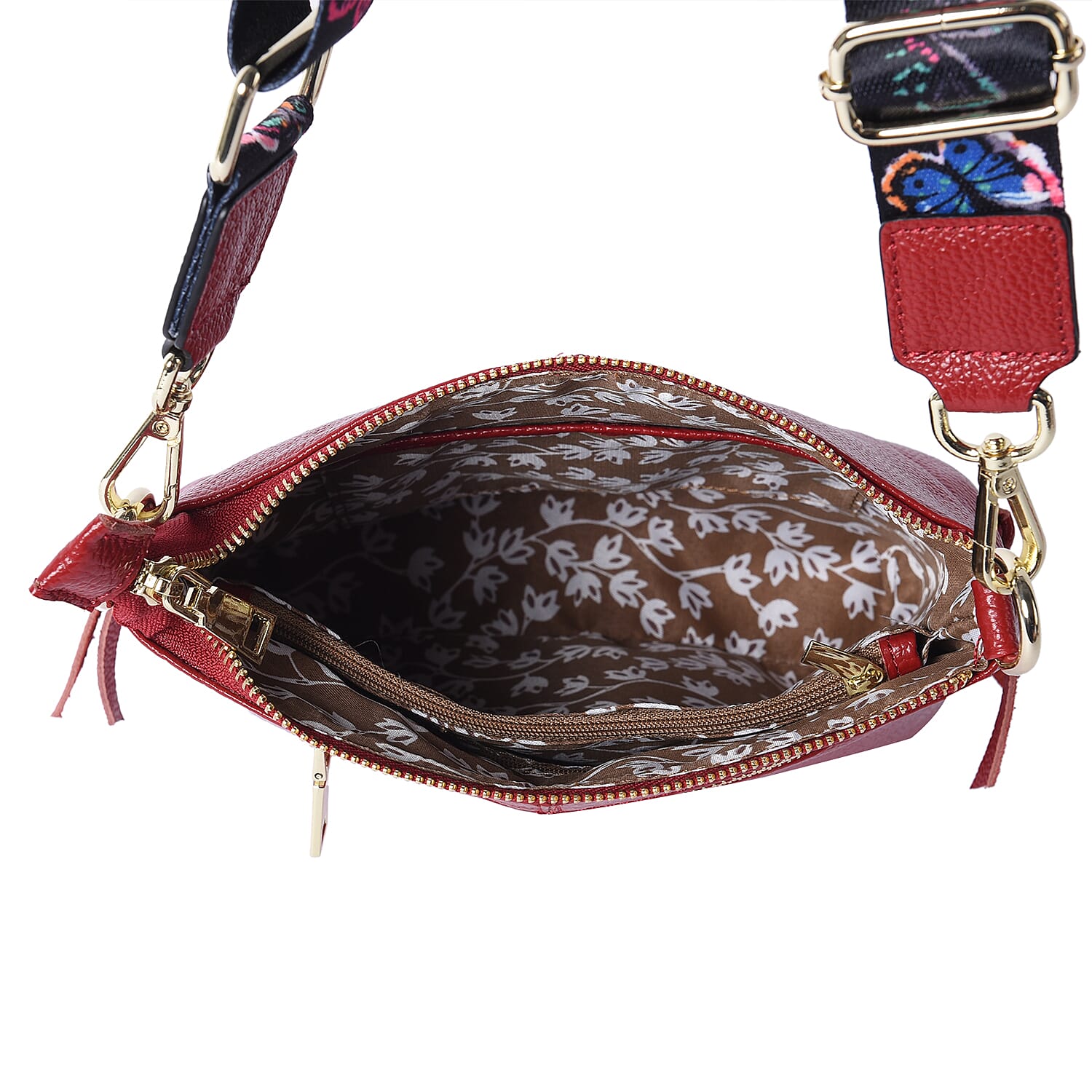 Super Soft  Genuine Leather Crossbody Bag with Patterned Shoulder Strap (23x7x22cm) - Red