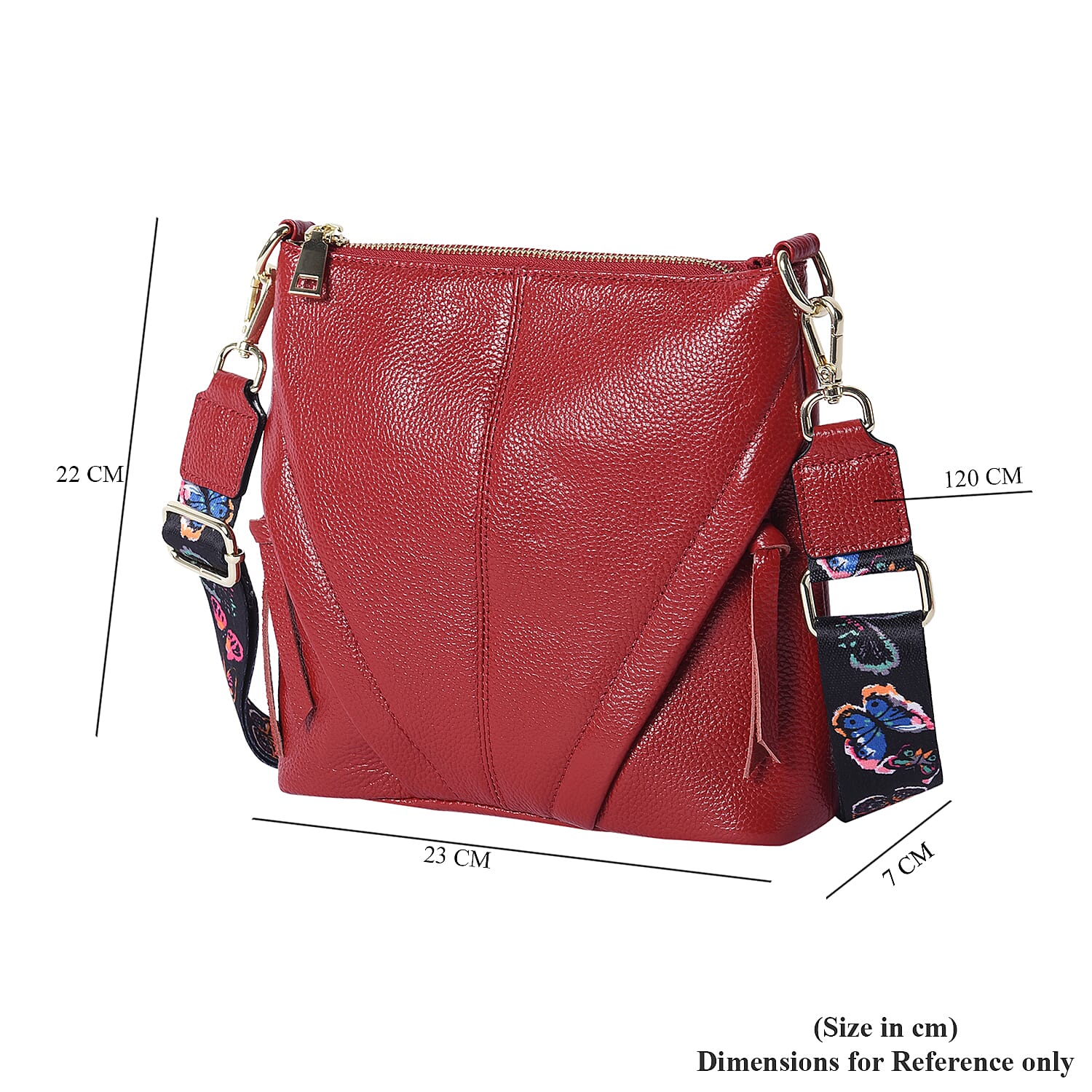 Super Soft  Genuine Leather Crossbody Bag with Patterned Shoulder Strap (23x7x22cm) - Red