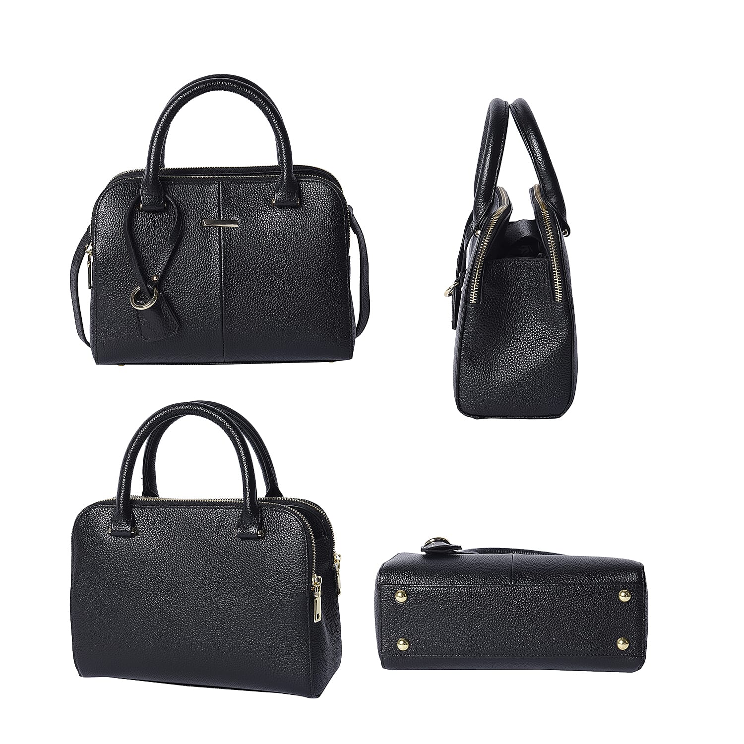 100% Genuine Leather Handbag (25x19x8cm) with Detachable and Adjustable Shoulder Strap (L:120cm)- Black