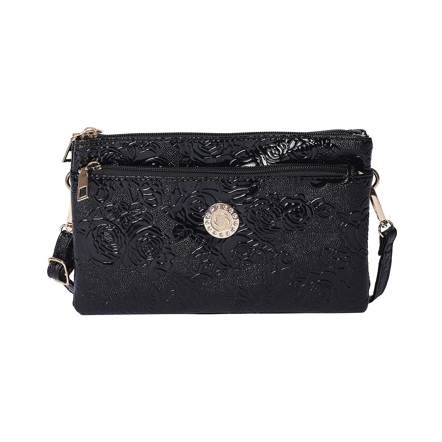 Embossed Rose Pattern Wristlet or Crossbody Bag (23x3.5x14cm) - Black