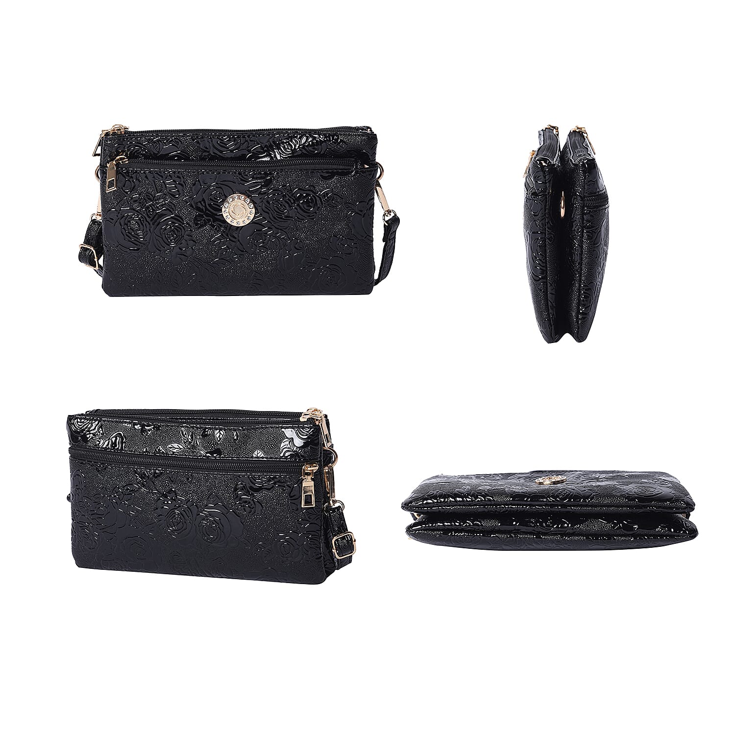 Embossed Rose Pattern Wristlet or Crossbody Bag (23x3.5x14cm) - Black