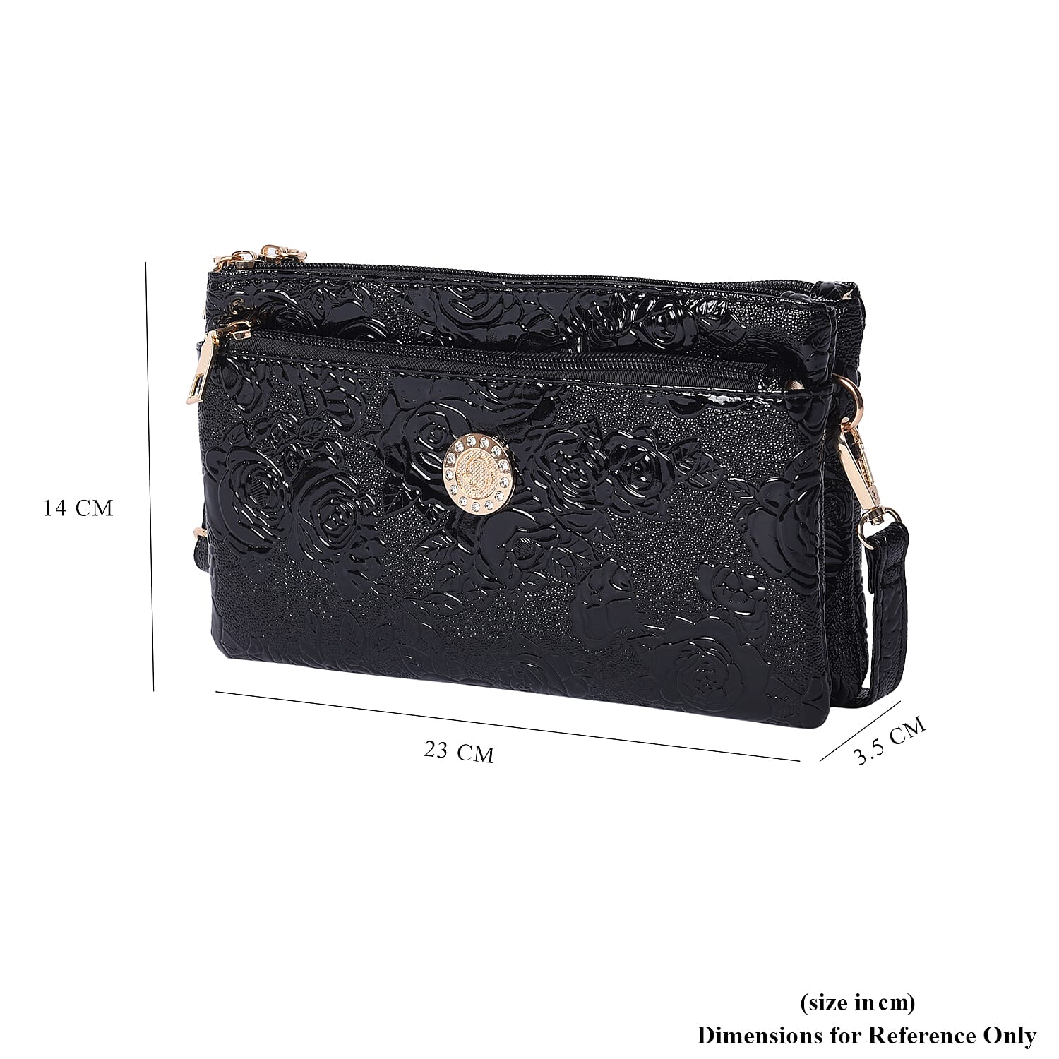 Embossed Rose Pattern Wristlet or Crossbody Bag (23x3.5x14cm) - Black