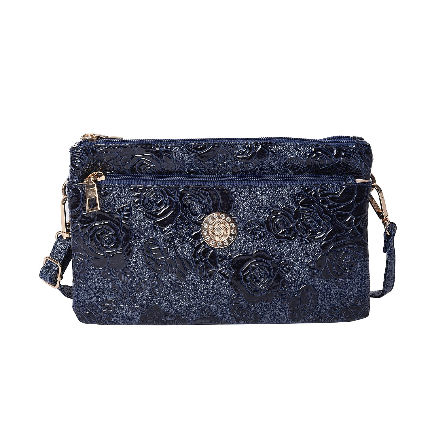 Embossed Rose Pattern Wristlet or Crossbody Bag (23x3.5x14cm) - Navy