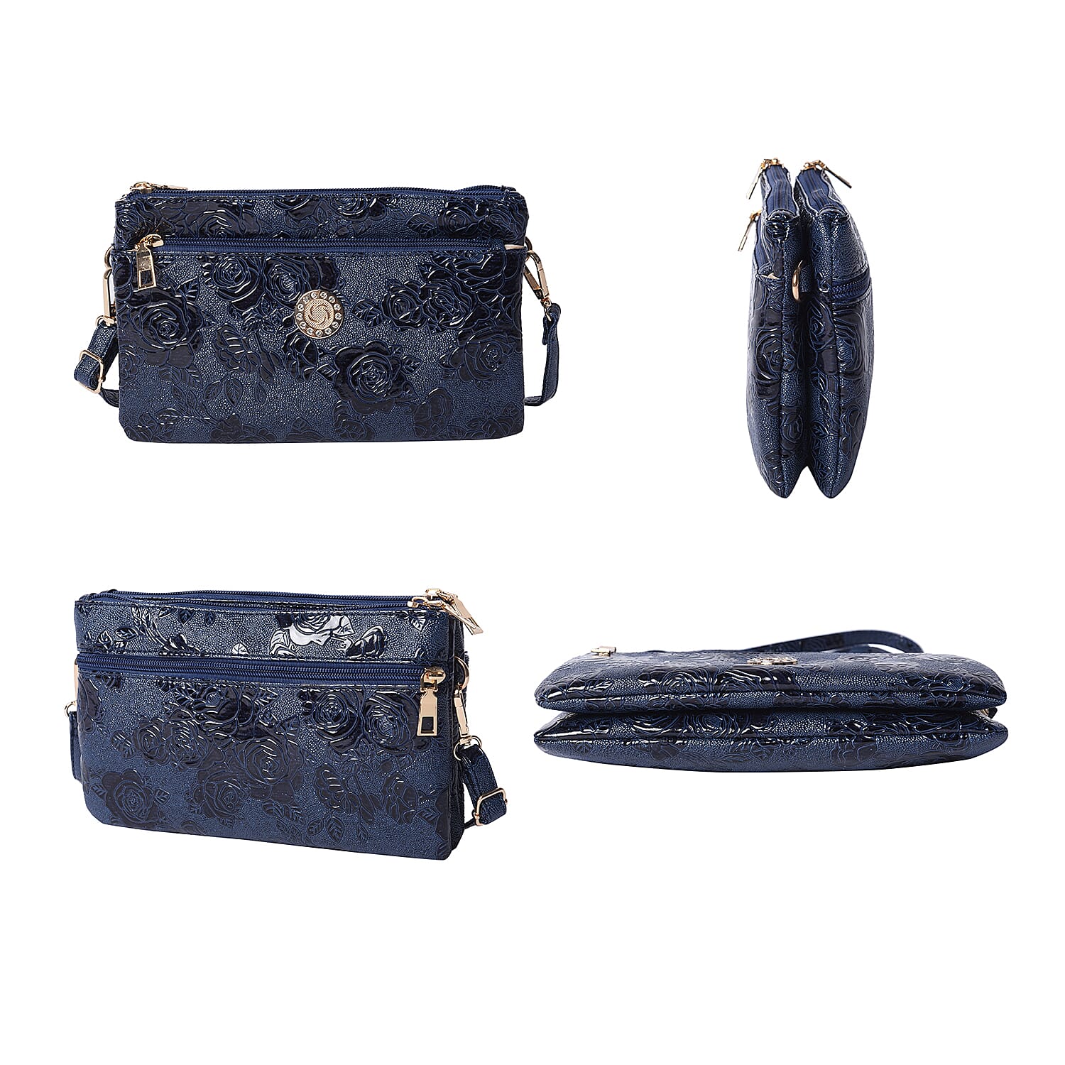Embossed Rose Pattern Wristlet or Crossbody Bag (23x3.5x14cm) - Navy