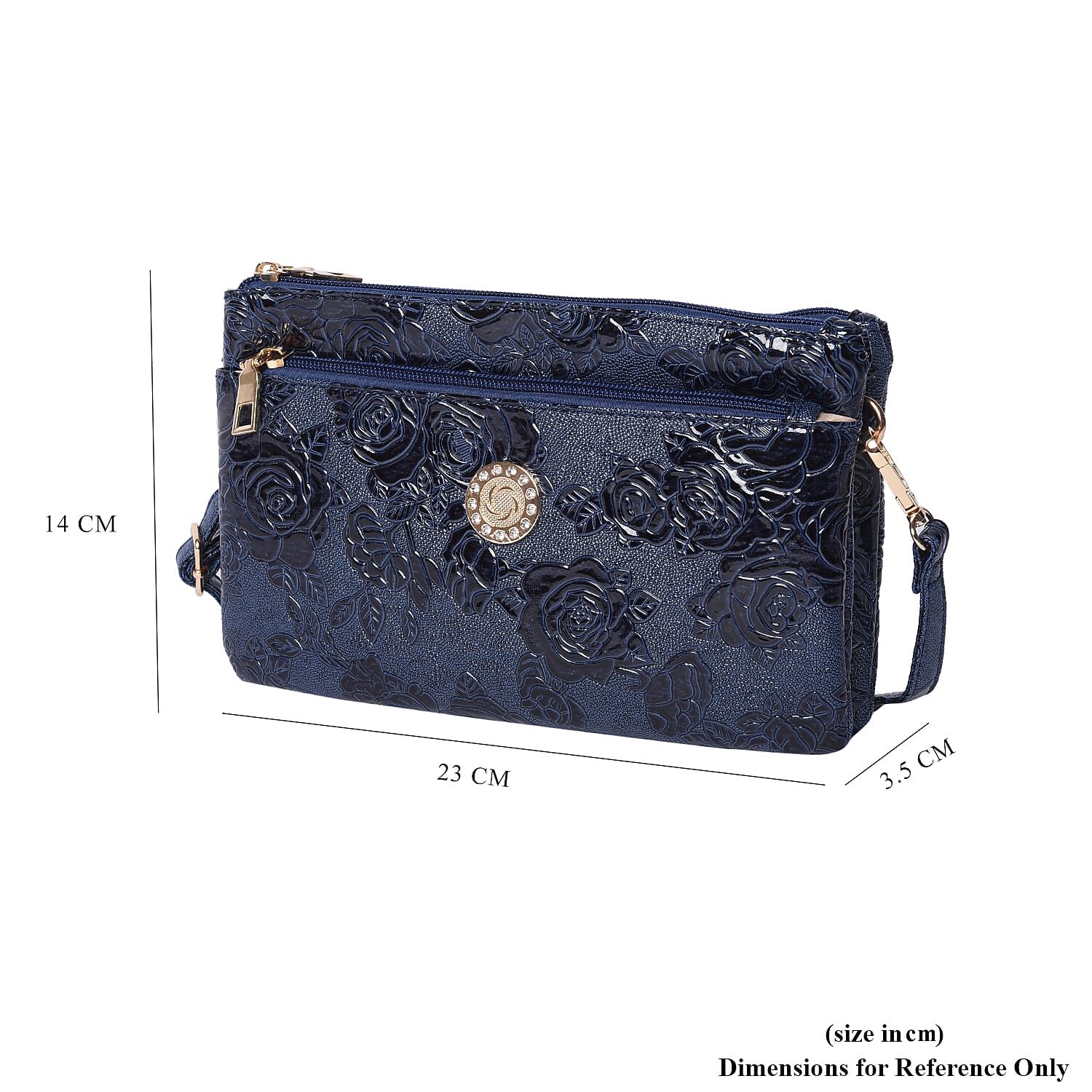 Embossed Rose Pattern Wristlet or Crossbody Bag (23x3.5x14cm) - Navy