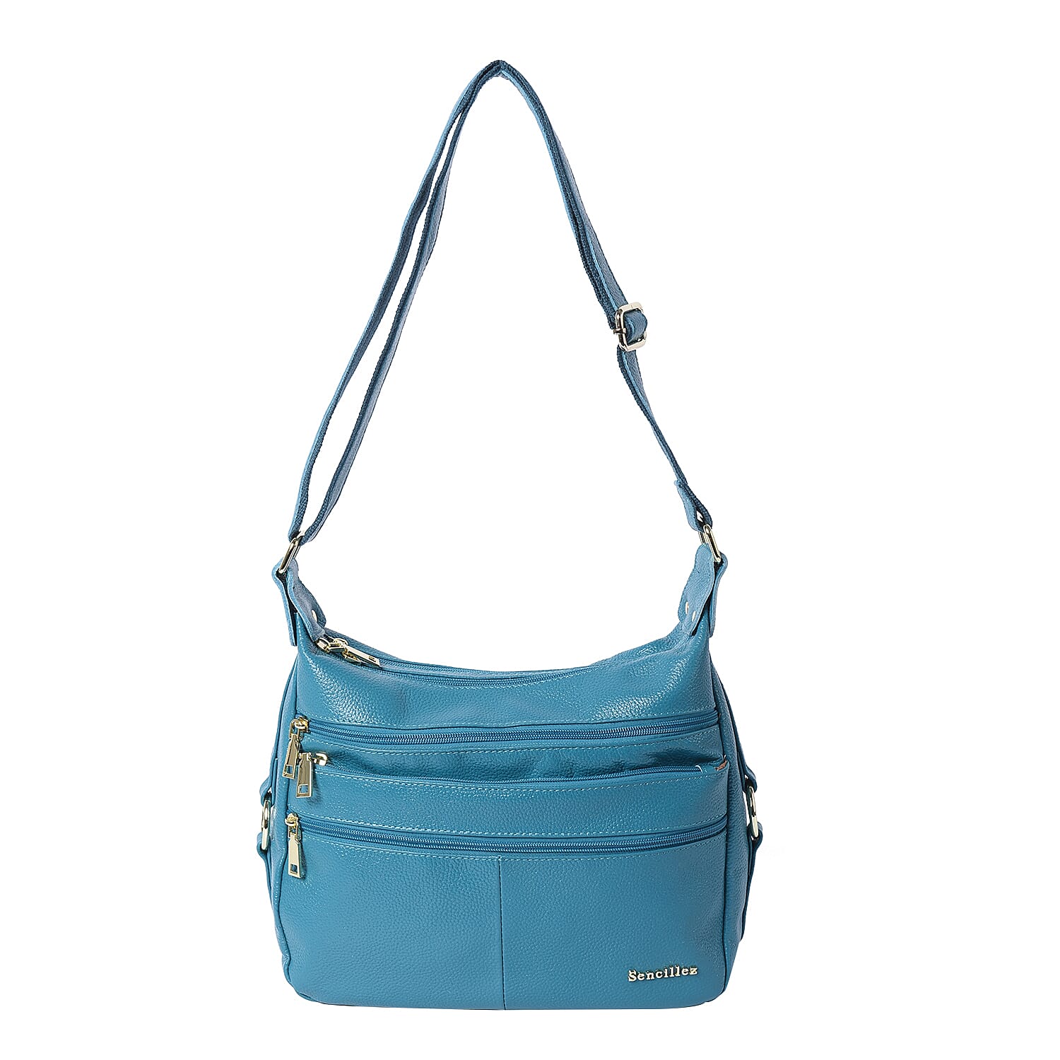 SENCILLEZ Teal 100% Genuine Leather Multi Pocket Crossbody Bag (29x10x21cm)