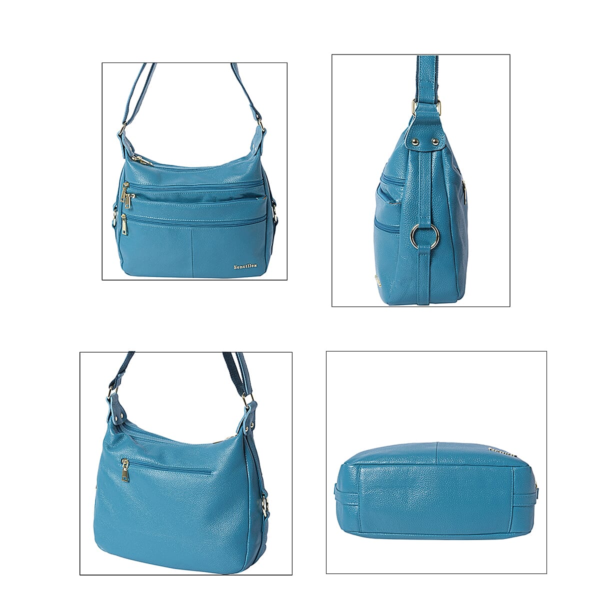 SENCILLEZ Teal 100% Genuine Leather Multi Pocket Crossbody Bag (29x10x21cm)