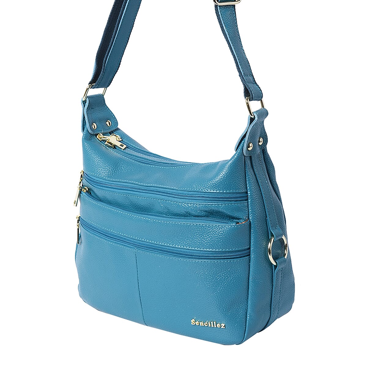 SENCILLEZ Teal 100% Genuine Leather Multi Pocket Crossbody Bag (29x10x21cm)