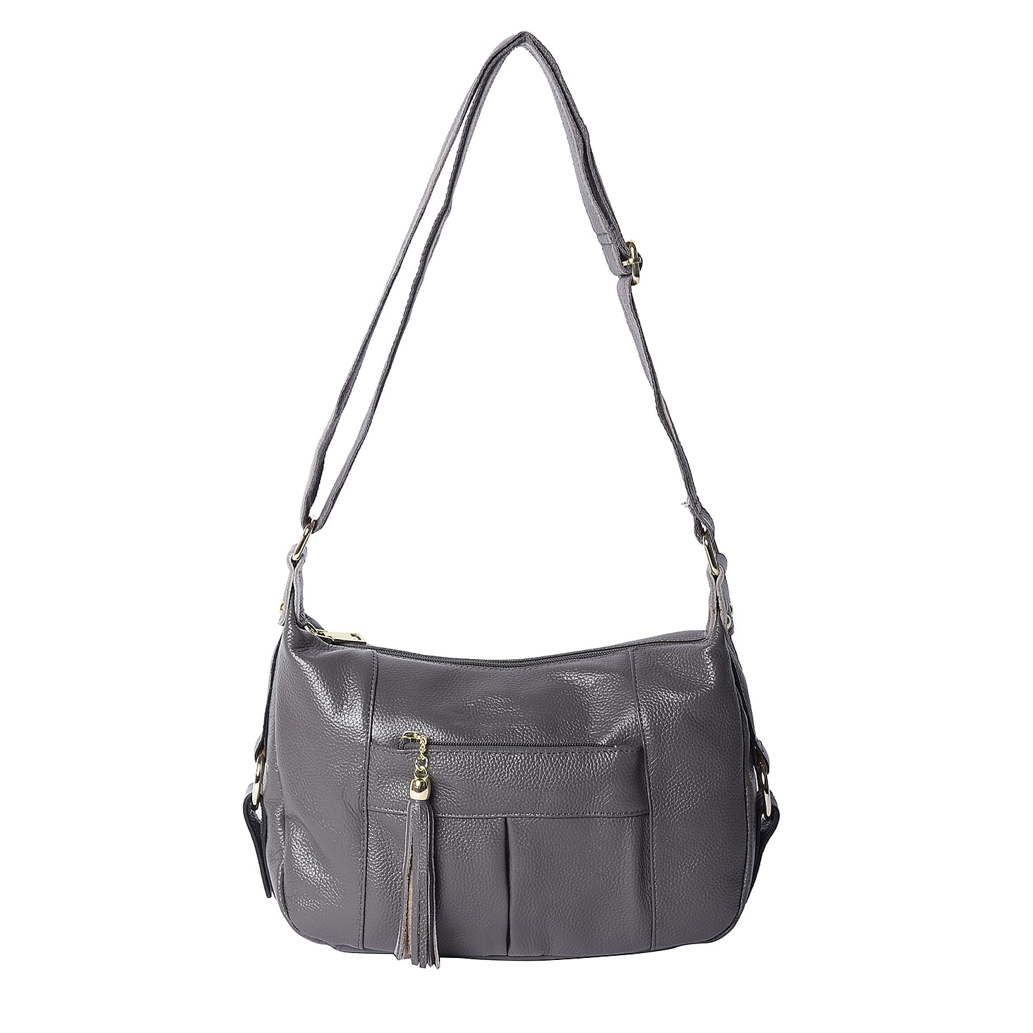 100% Genuine Leather Solid Grey Crossbody Bag with Tassel and Adjustable Strap (29x10x21cm)