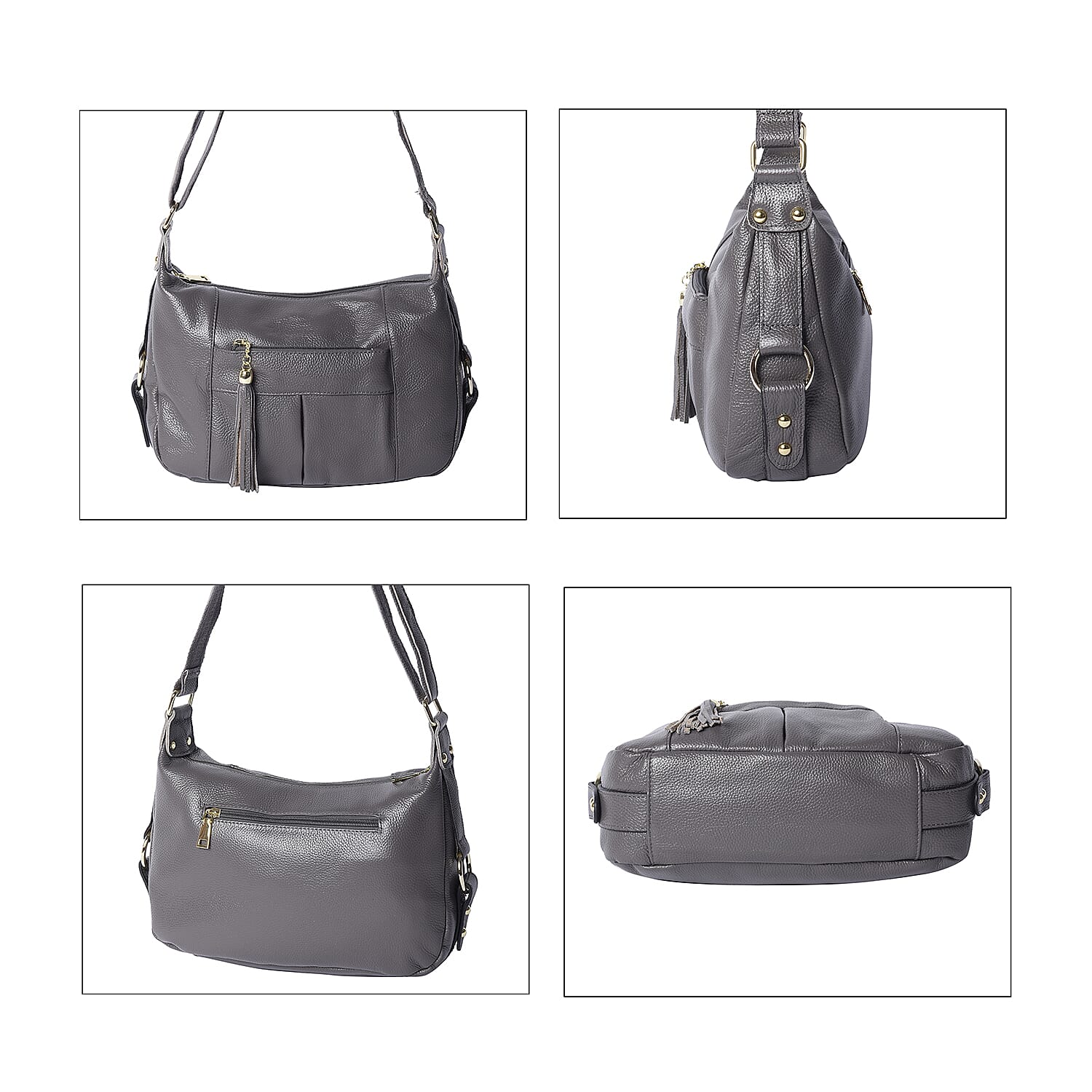 100% Genuine Leather Solid Grey Crossbody Bag with Tassel and Adjustable Strap (29x10x21cm)