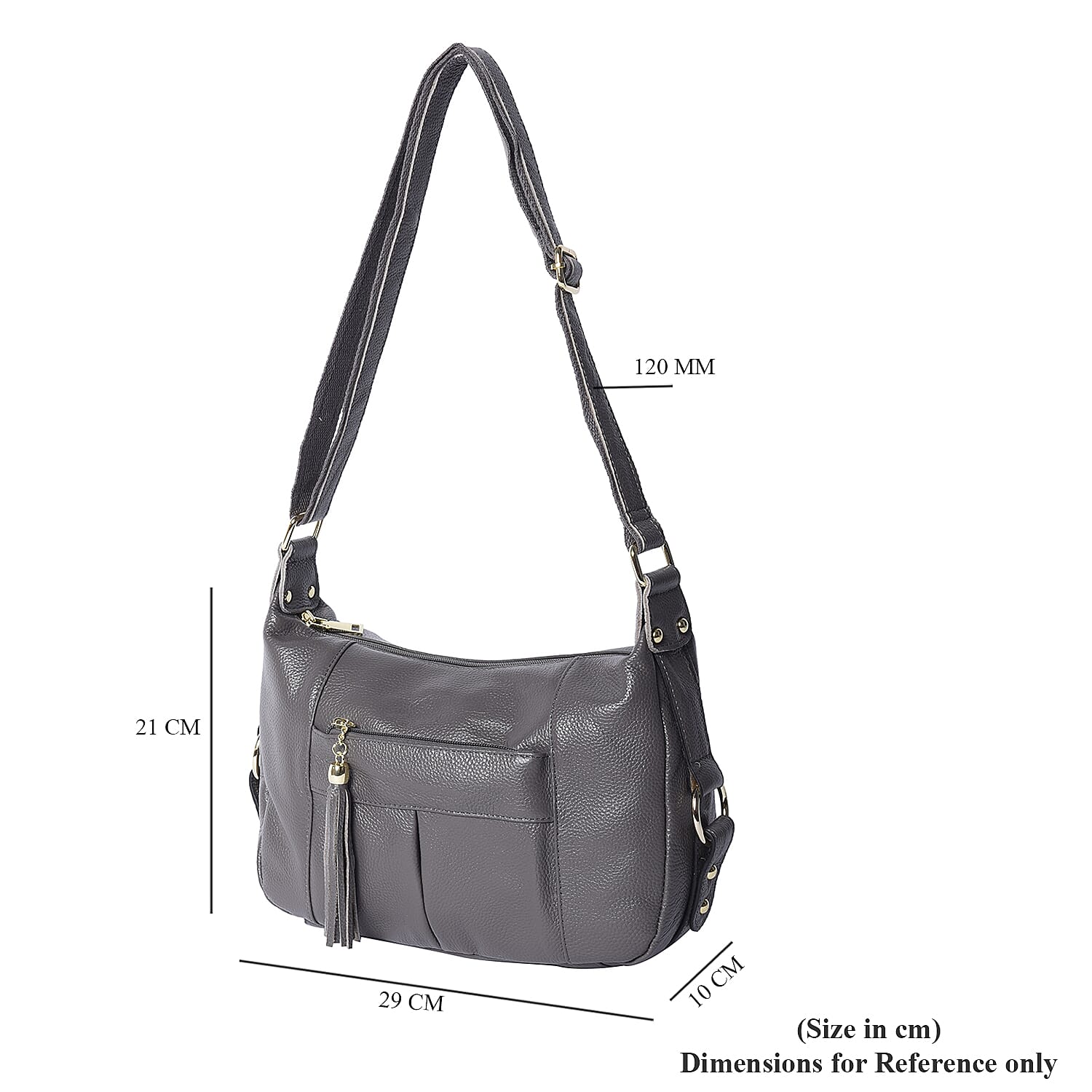 100% Genuine Leather Solid Grey Crossbody Bag with Tassel and Adjustable Strap (29x10x21cm)