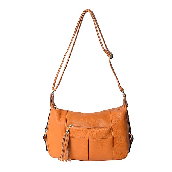 100 Genuine Leather Solid Mustard Crossbody Bag with Tassel and Adjustable Strap (29x10x21cm