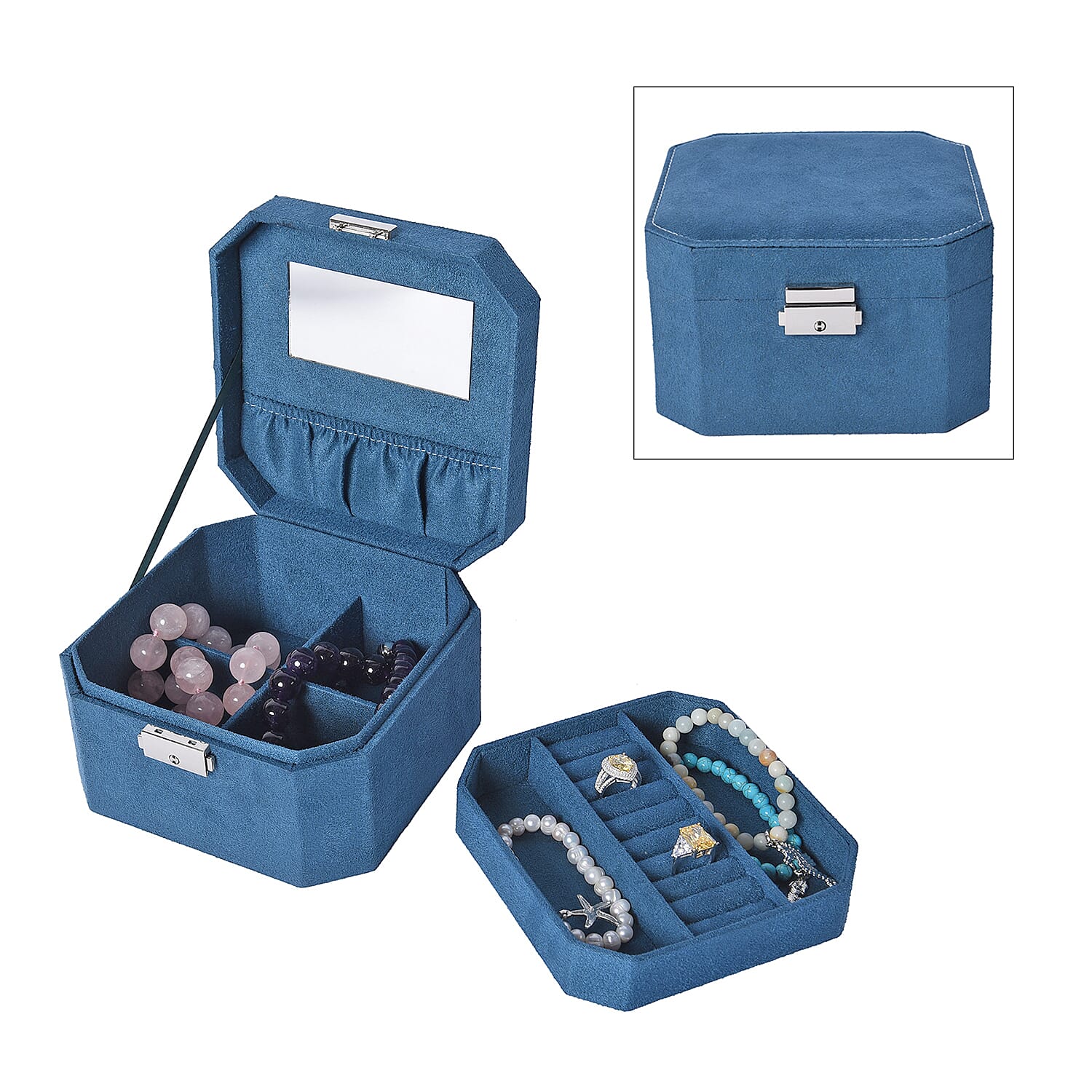 Teal Velvet Jewellery Box with Tassel Key Lock, Removeable Tray and Inside Mirror (16.5x16.15x10cm)