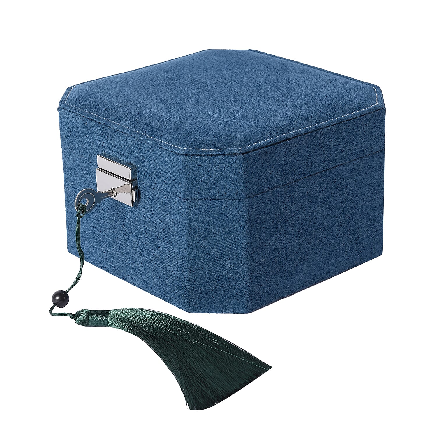 Teal Velvet Jewellery Box with Tassel Key Lock, Removeable Tray and Inside Mirror (16.5x16.15x10cm)