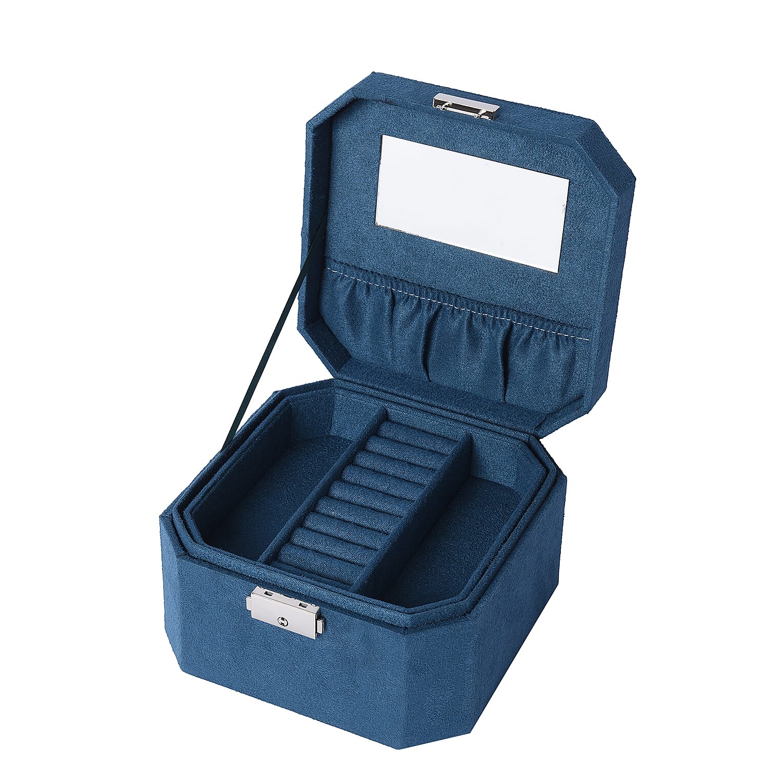 Teal Velvet Jewellery Box with Tassel Key Lock, Removeable Tray and Inside Mirror (16.5x16.15x10cm)
