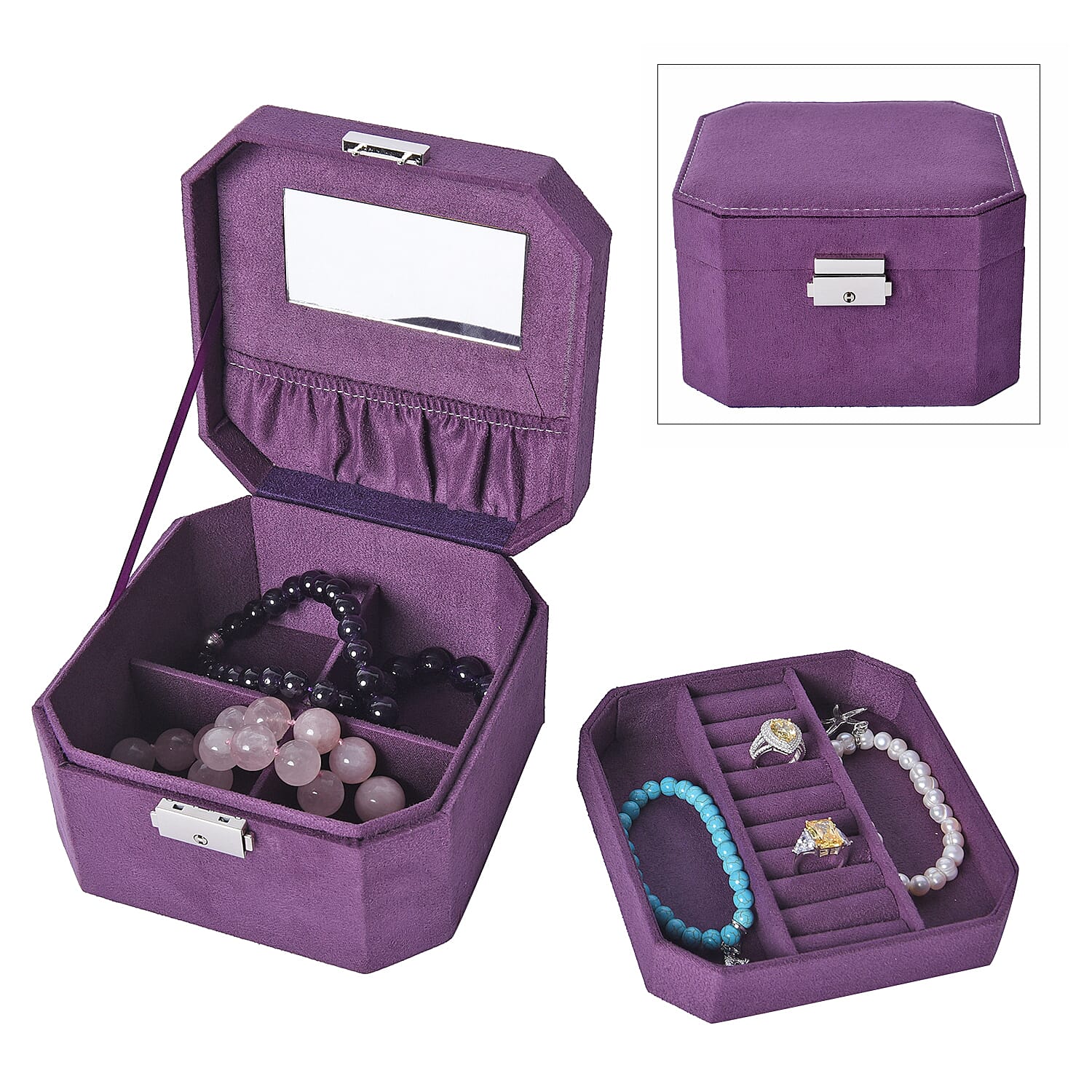 Purple  Velvet Jewellery Box with Tassel Key Lock, Removeable Tray and Inside Mirror (16.5x16.15x10cm)