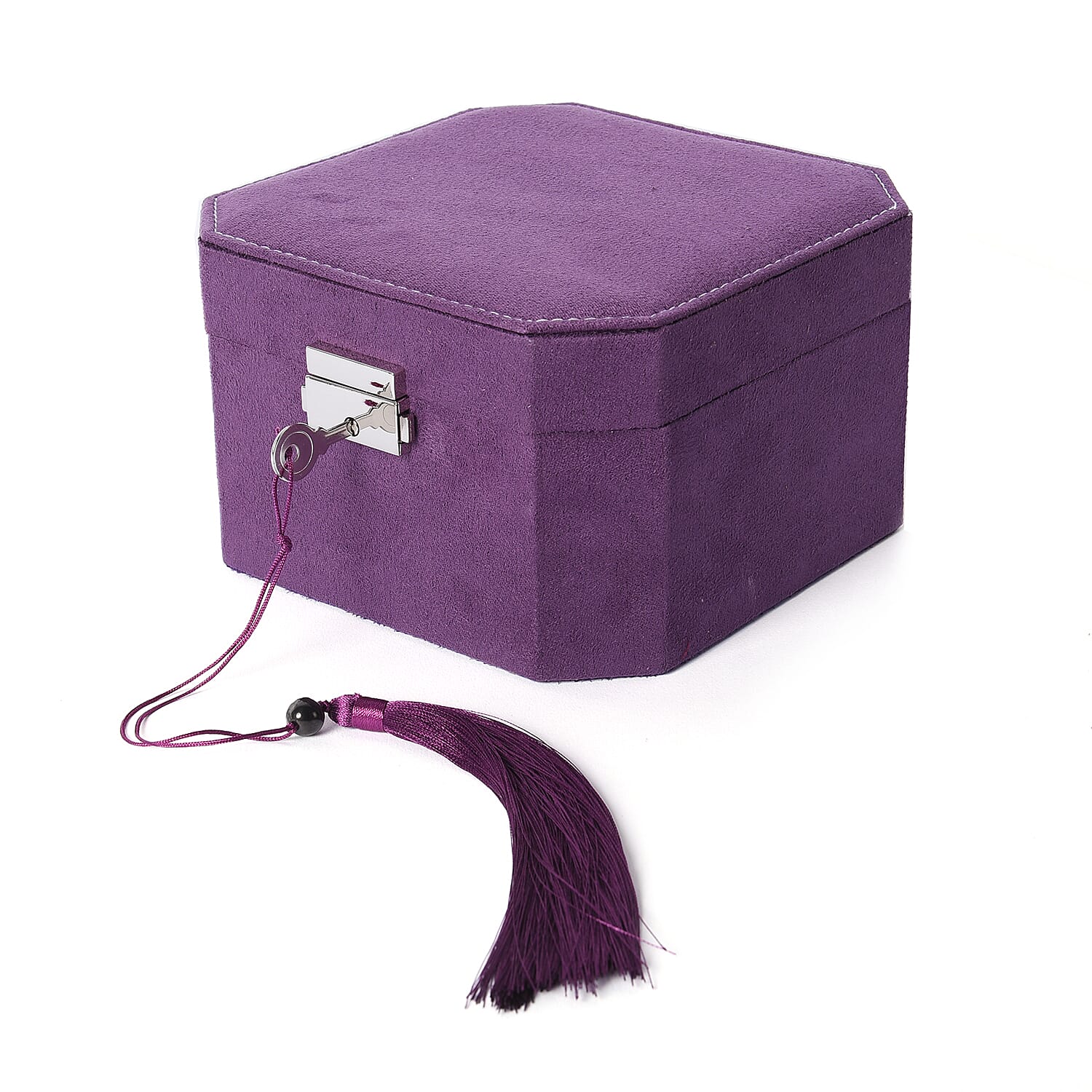 Purple  Velvet Jewellery Box with Tassel Key Lock, Removeable Tray and Inside Mirror (16.5x16.15x10cm)