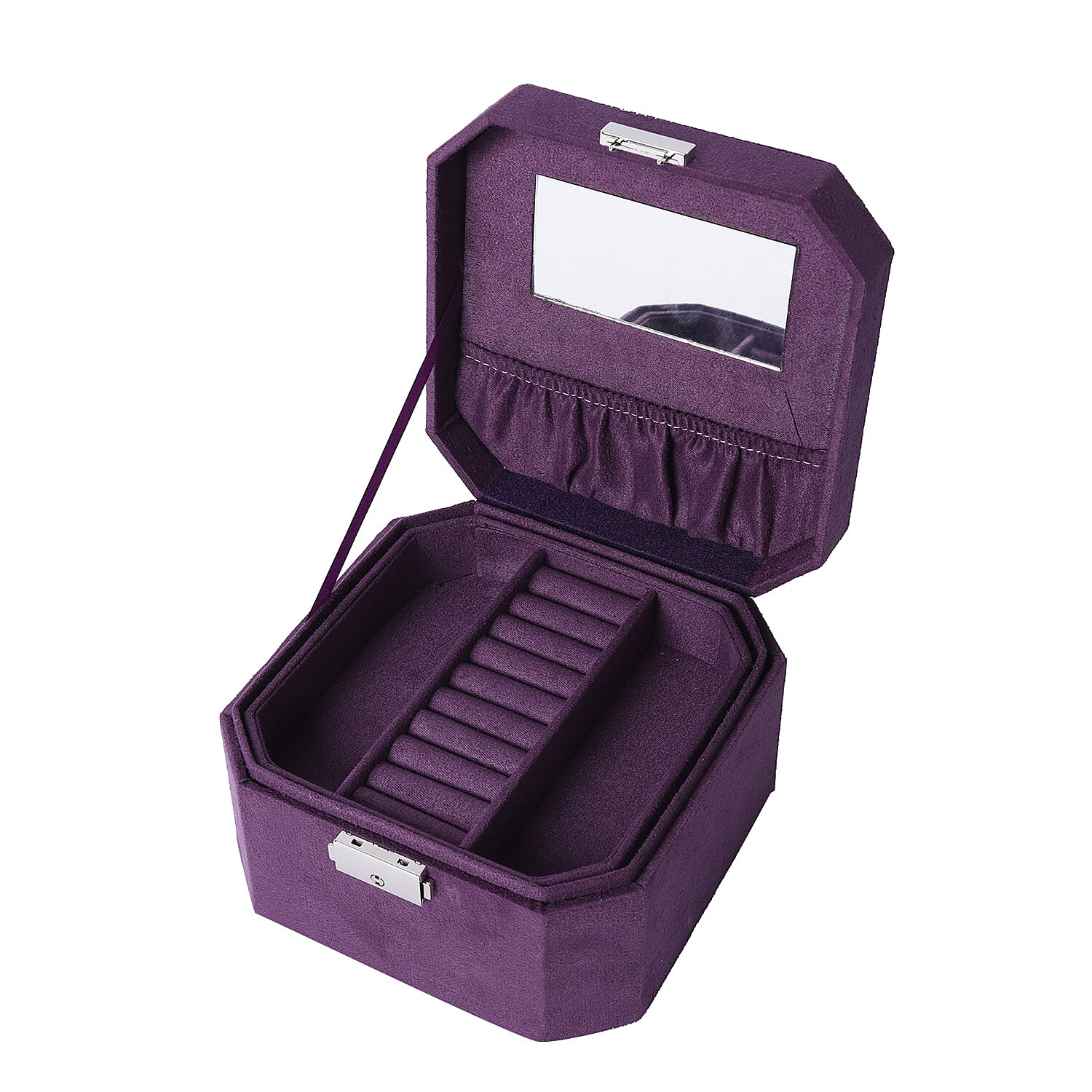 Purple  Velvet Jewellery Box with Tassel Key Lock, Removeable Tray and Inside Mirror (16.5x16.15x10cm)