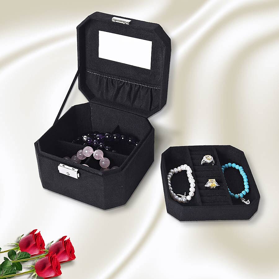 Black Velvet Jewellery Box with Tassel Key Lock, Removeable Tray and Inside Mirror (16.5x16.15x10cm)