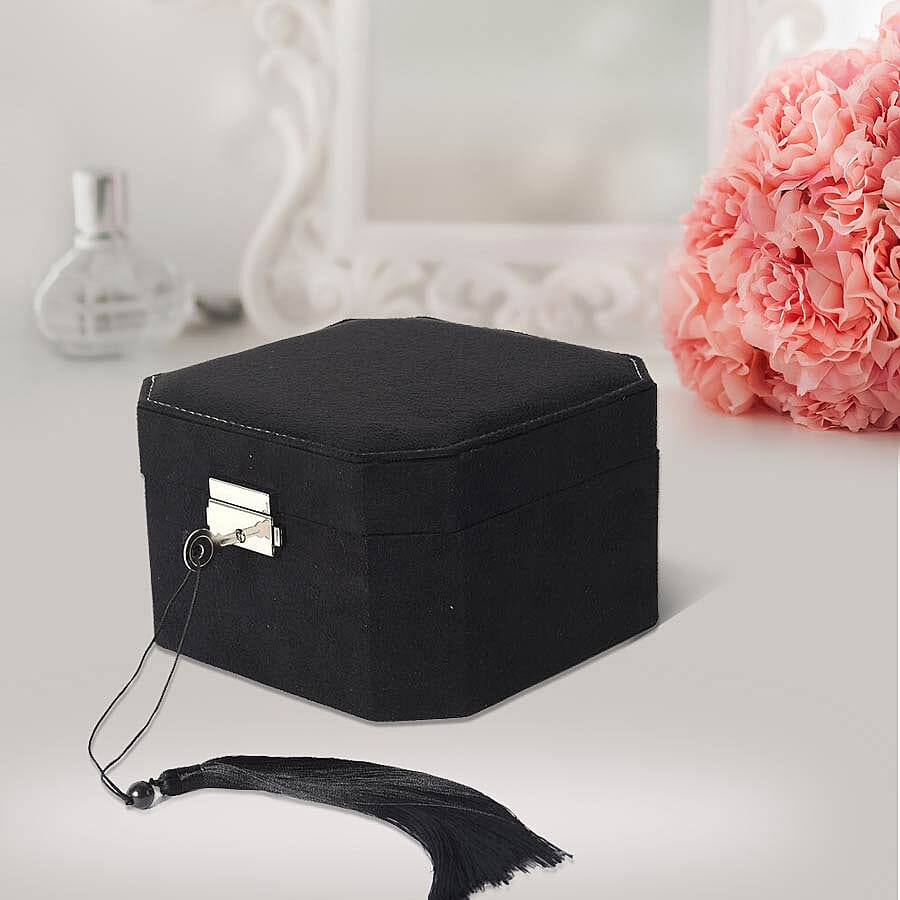 Black Velvet Jewellery Box with Tassel Key Lock, Removeable Tray and Inside Mirror (16.5x16.15x10cm)