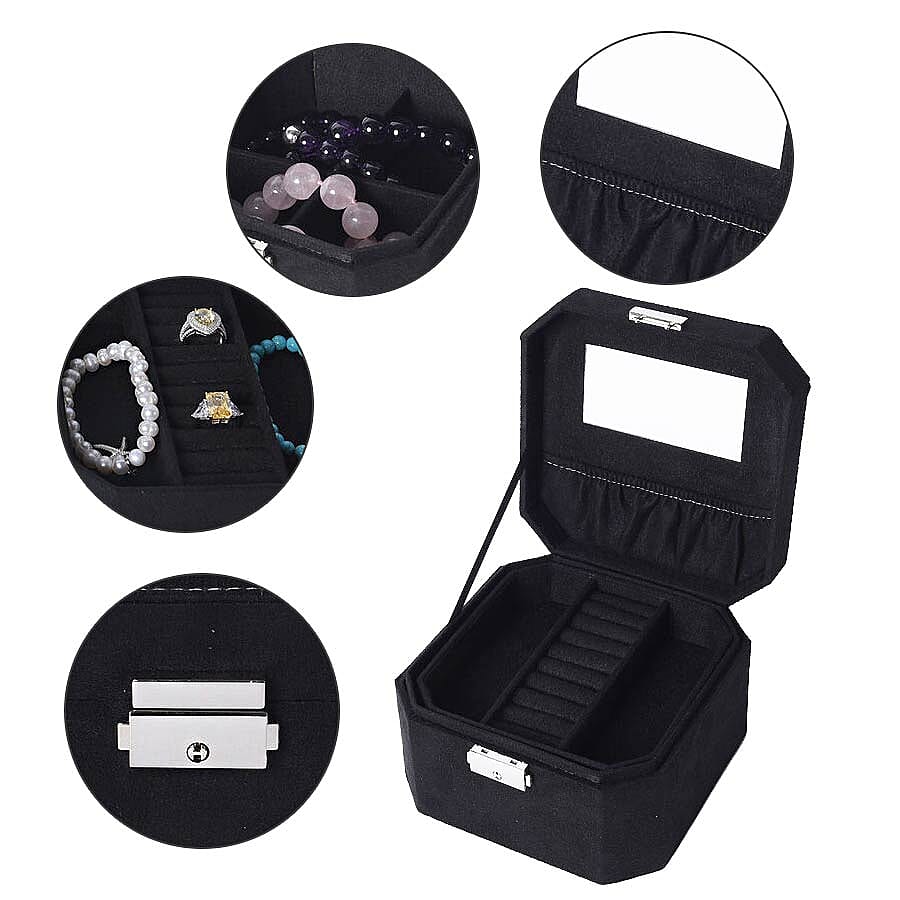 Black Velvet Jewellery Box with Tassel Key Lock, Removeable Tray and Inside Mirror (16.5x16.15x10cm)