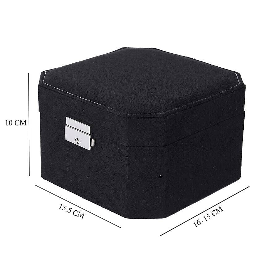 Black Velvet Jewellery Box with Tassel Key Lock, Removeable Tray and Inside Mirror (16.5x16.15x10cm)