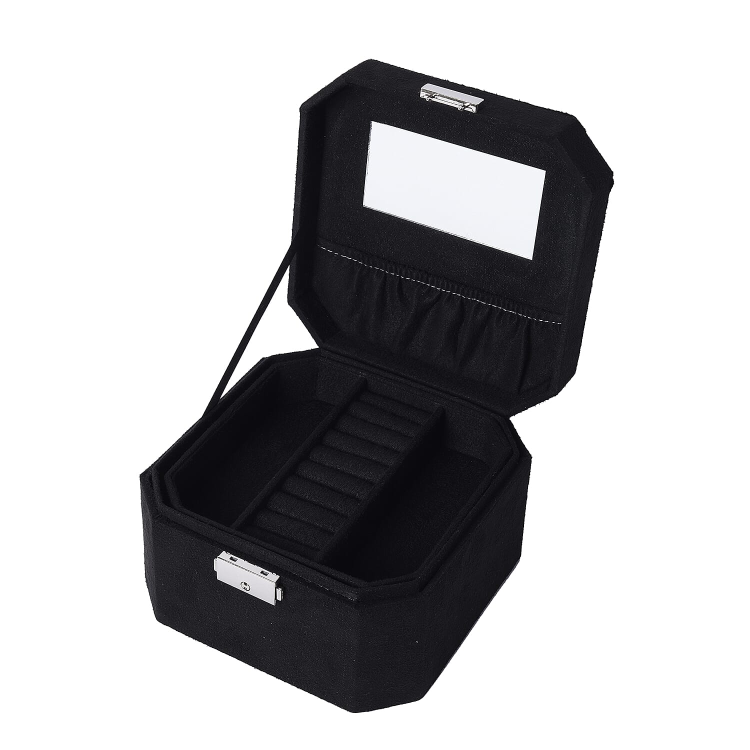 Black Velvet Jewellery Box with Tassel Key Lock, Removeable Tray and Inside Mirror (16.5x16.15x10cm)